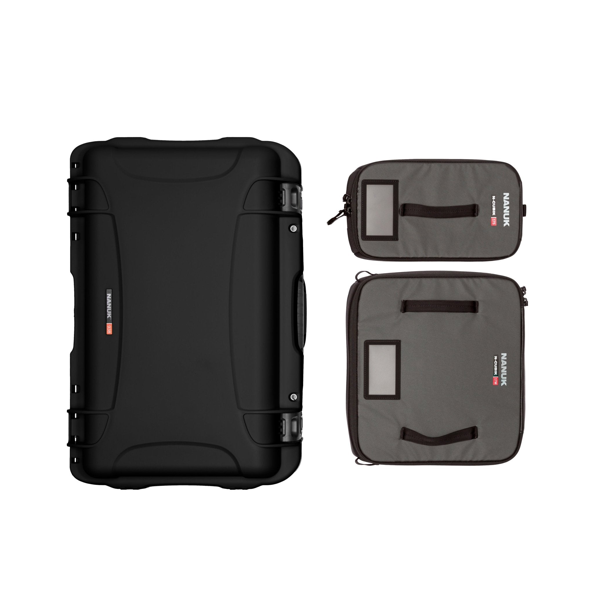 A black NANUK waterproof hard case with a lid organizer and N-Cubik 17S and N-Cubik 17M or N-Cubik 17L storage attachments, designed for organizing and protecting photo and video equipment.