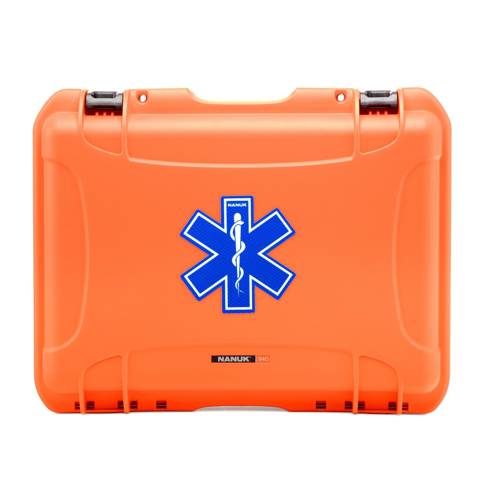 Orange hard-shell case with a blue medical symbol on a white background