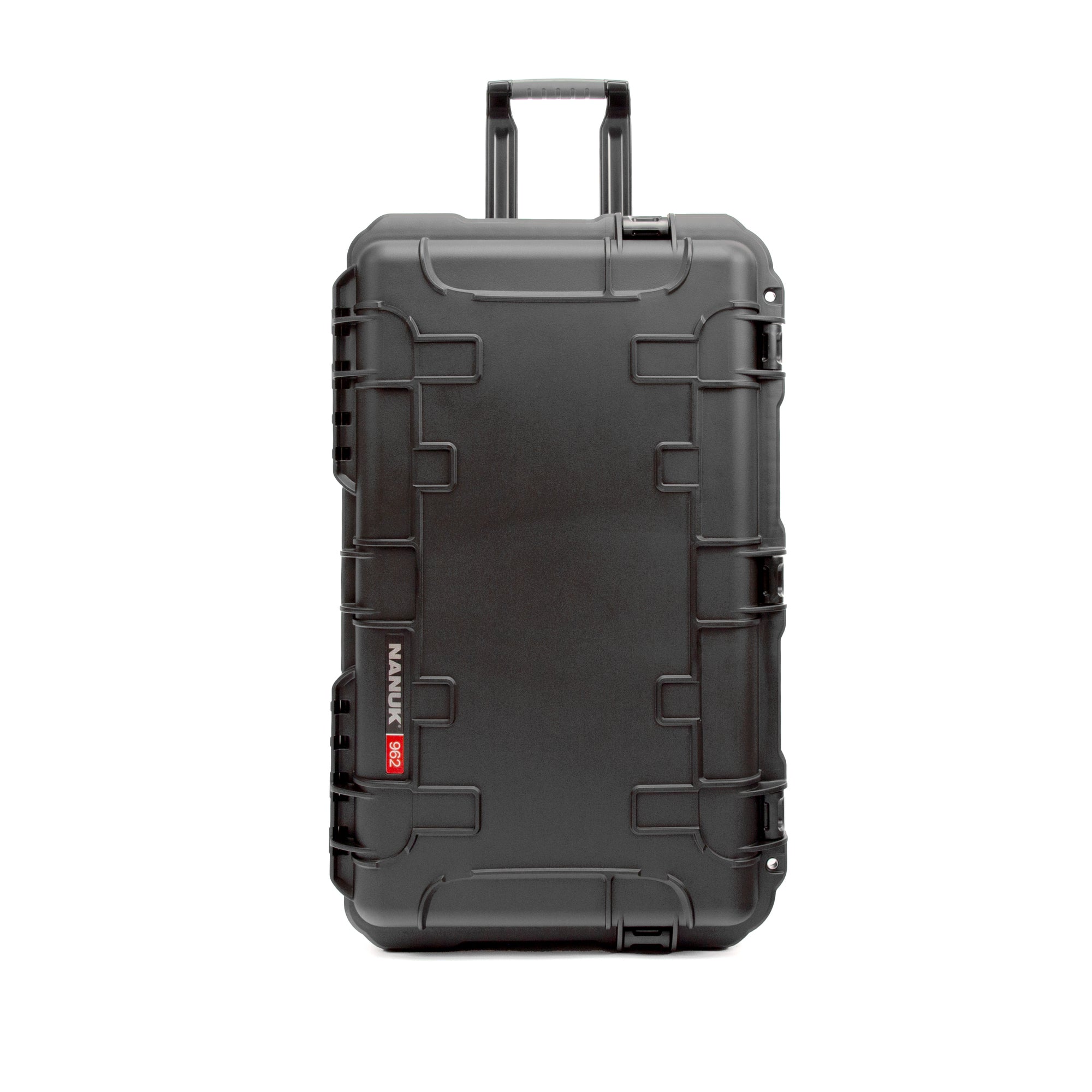 A black hard-shell rolling suitcase with a telescoping handle extended, shown from the front on a plain white background. The brand name 'NANOK' is printed vertically in white on a small red label on the lower left side.