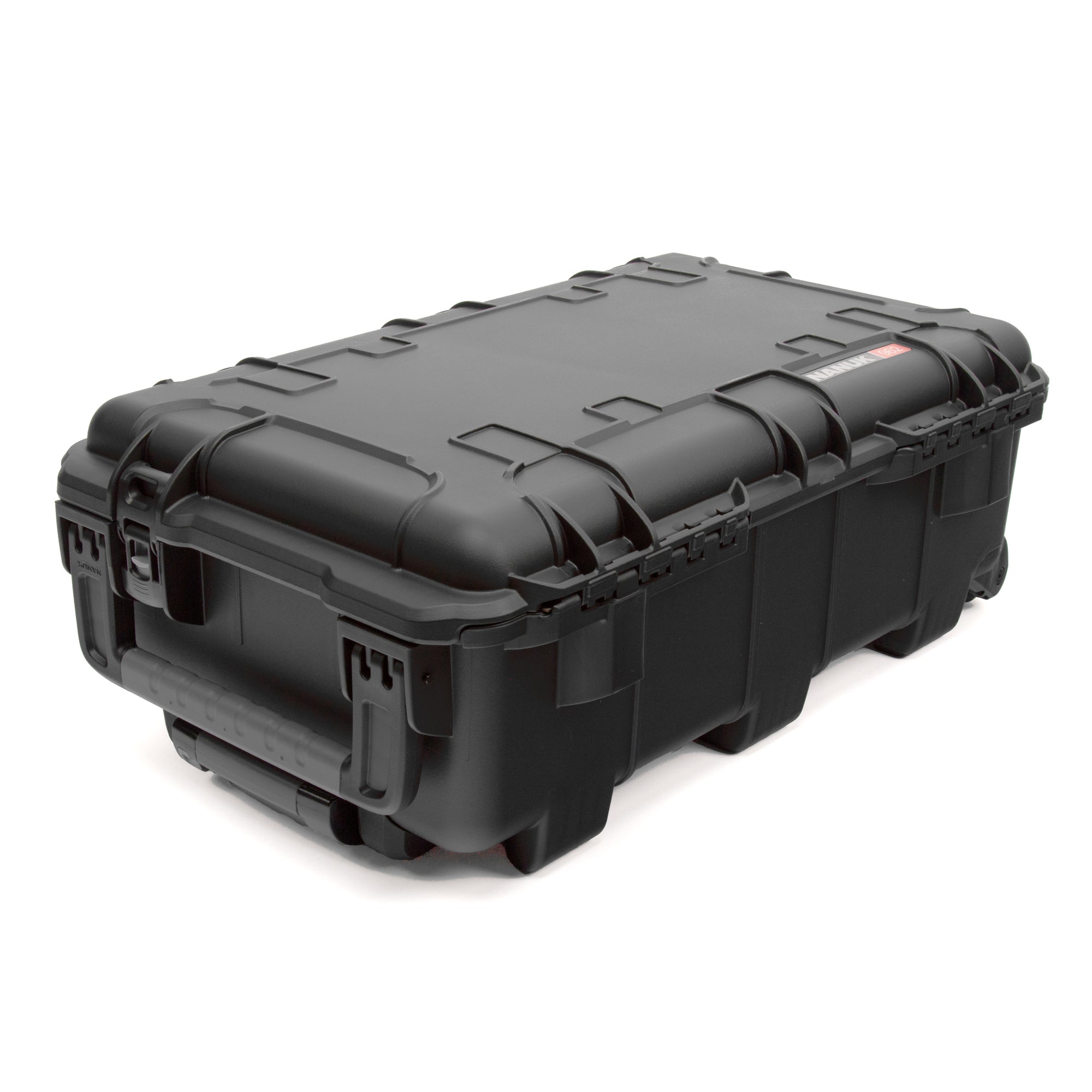 A heavy-duty black hard case with reinforced corners, latches, and a textured lid, photographed on a clean white background.
