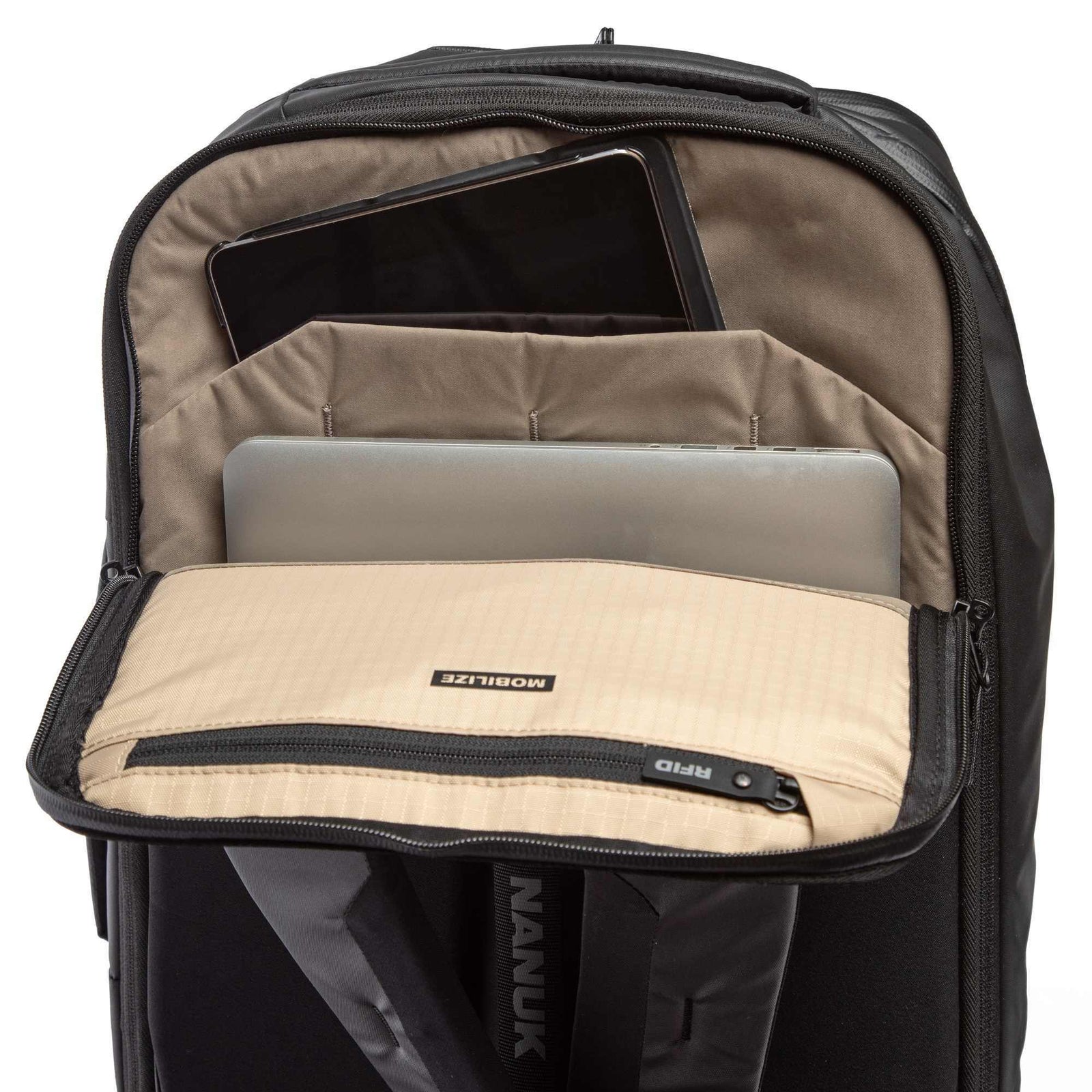 Backpack with compartments for a laptop and tablet, featuring the Nanuk brand.