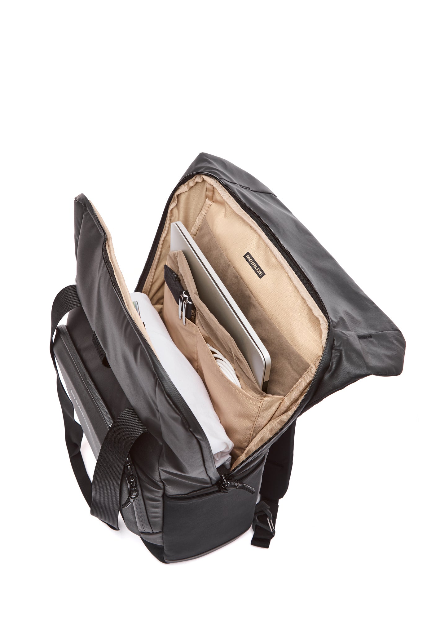 Black backpack with open front compartment showing beige interior