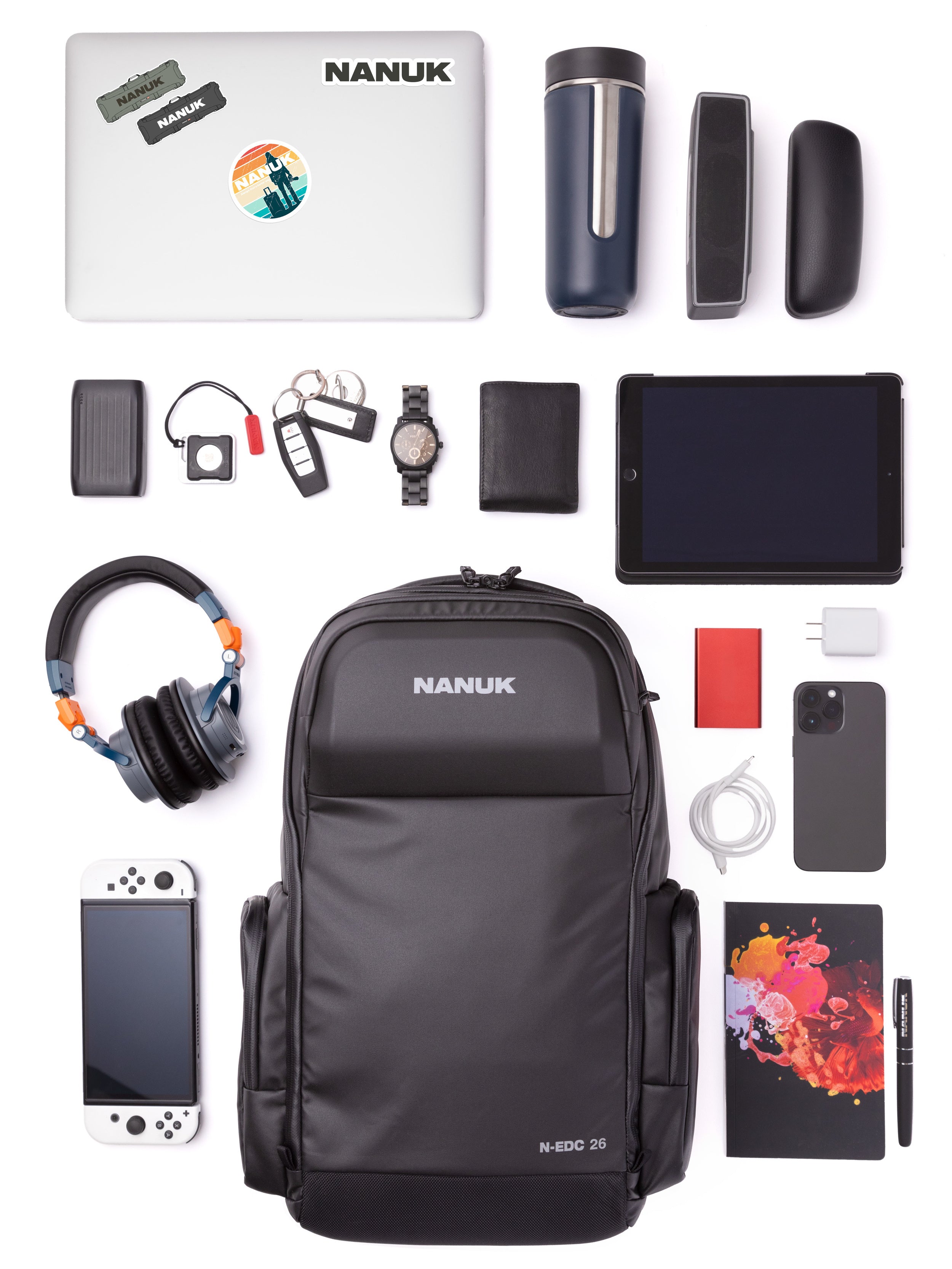 Collection of electronic devices and accessories with a NANUK backpack on a white background