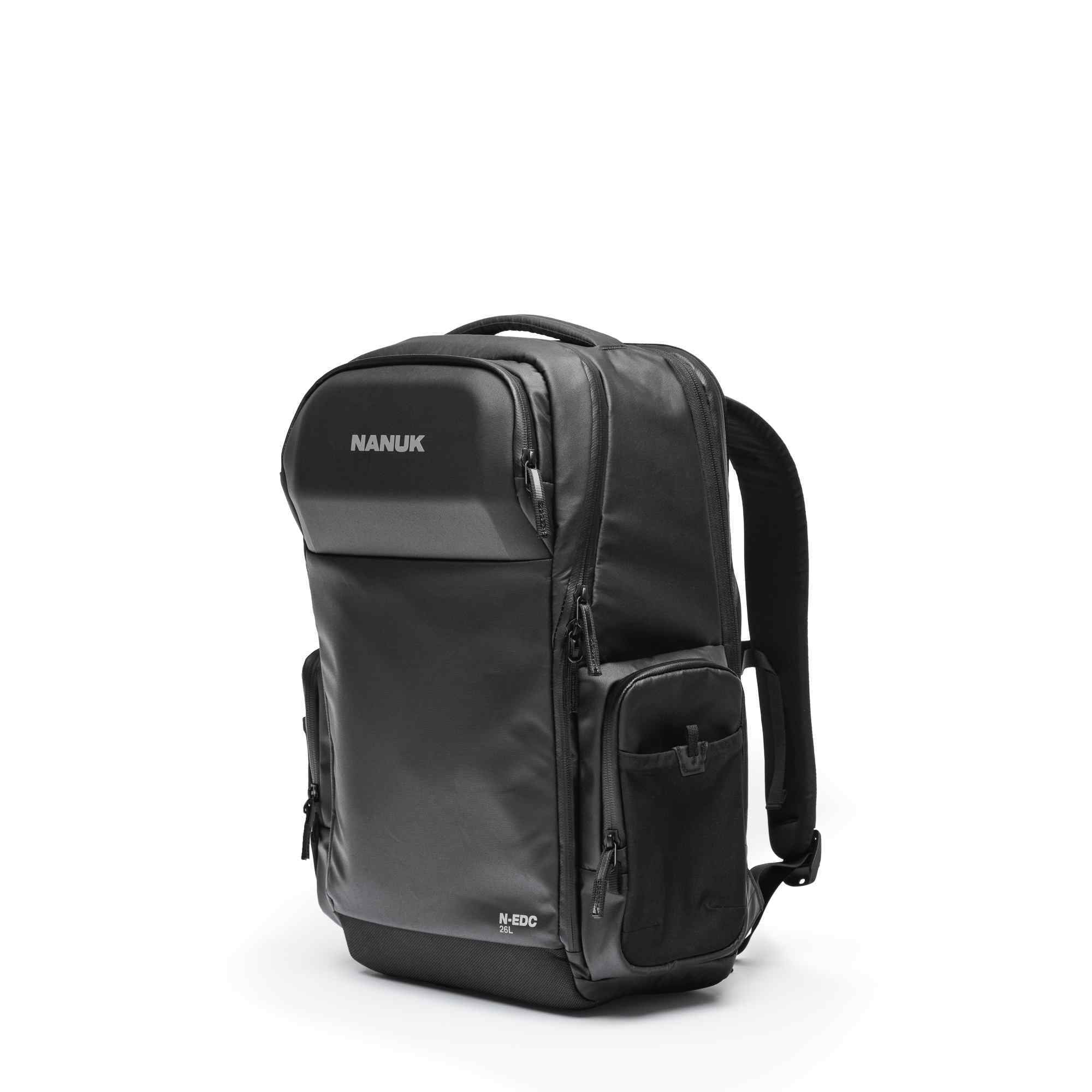 Black backpack with 'Nanuk' branding on a white background
