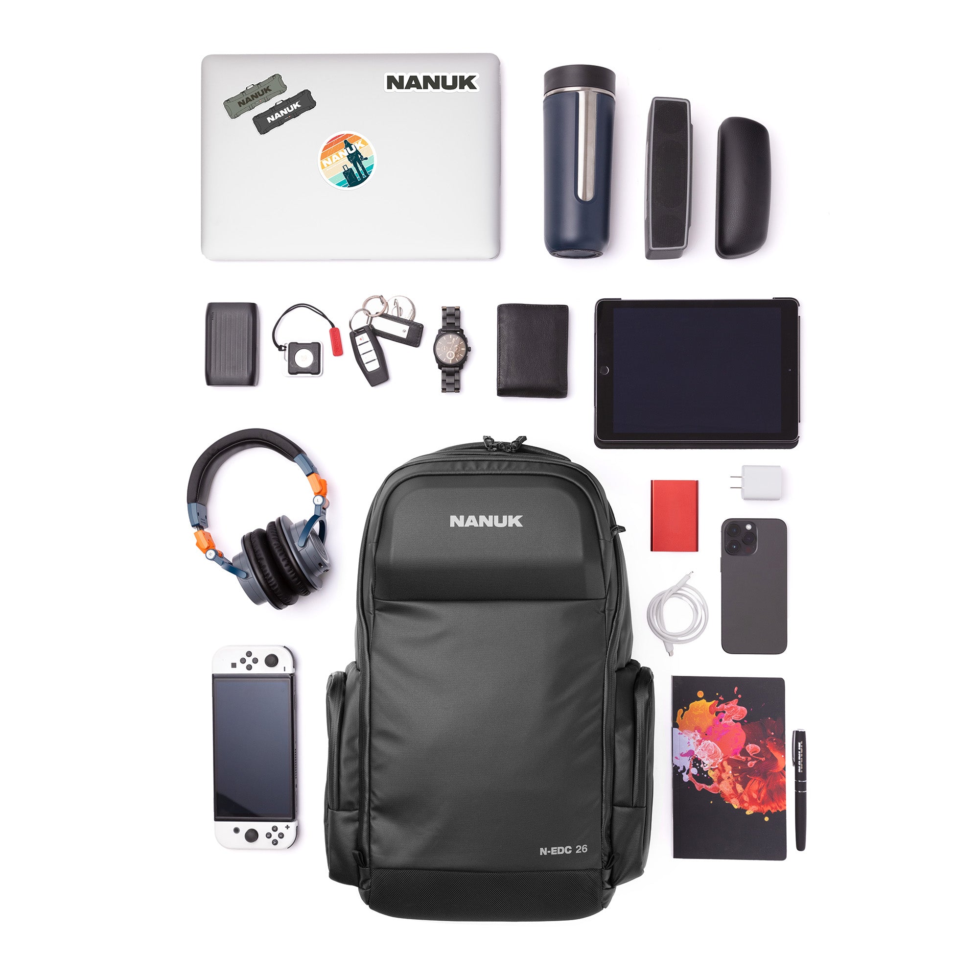 Collection of electronic devices and accessories with a NANUK backpack on a white background