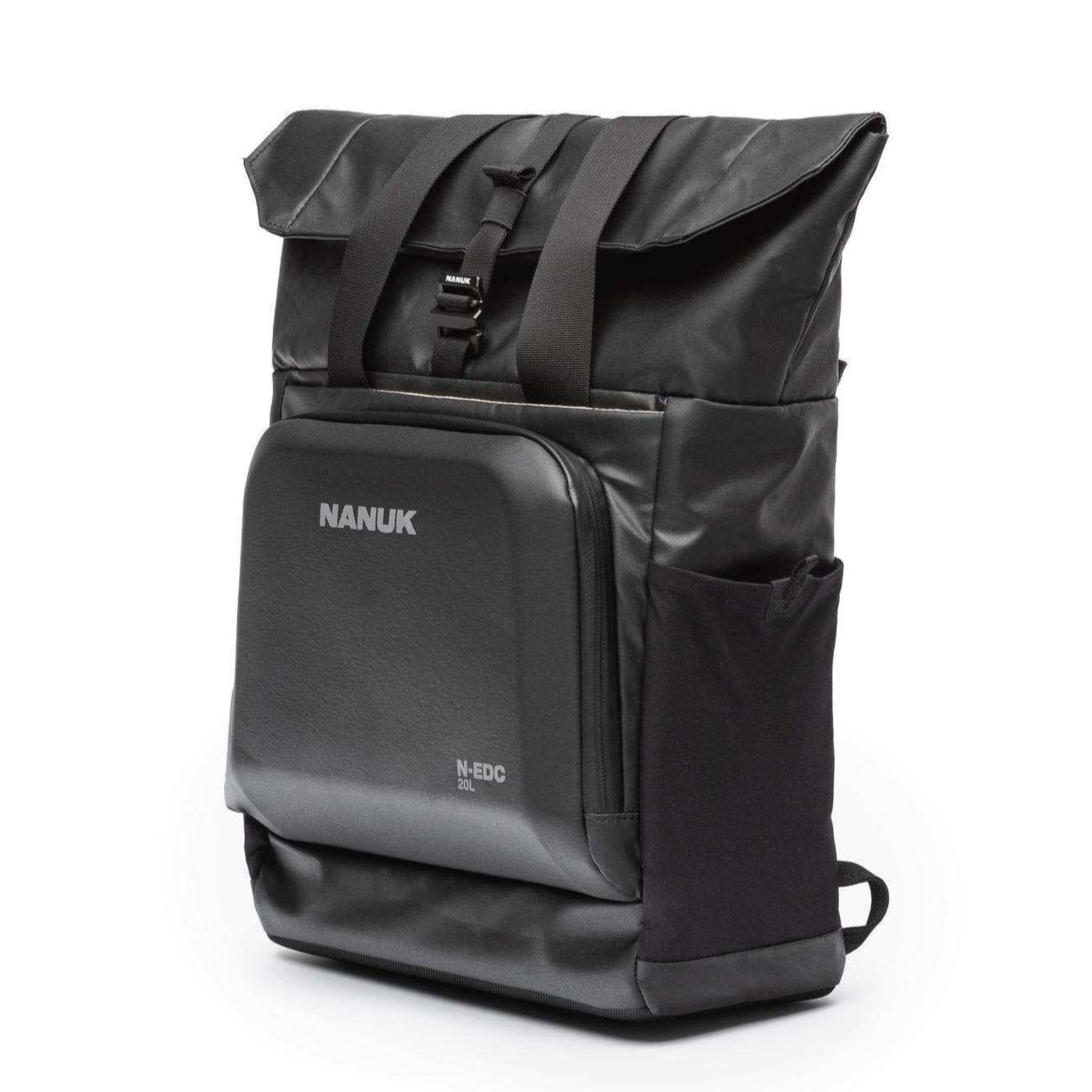 Black backpack with visible brand name on a white background