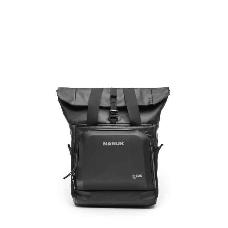 Black backpack with visible branding on a white background