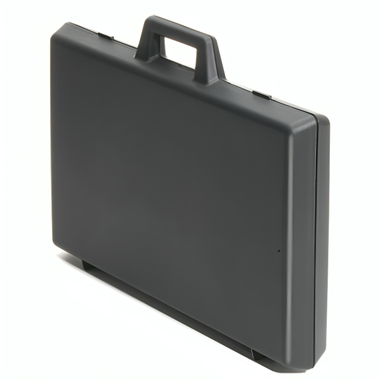 Black rectangular hard-shell case with a handle on a white background
