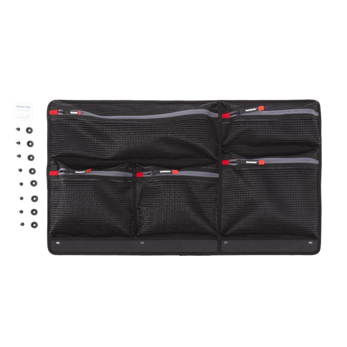 A black mesh multi-pocket organizer pouch with gray trim and small red accents, shown flat on a white background with a small hardware accessory set to the left.