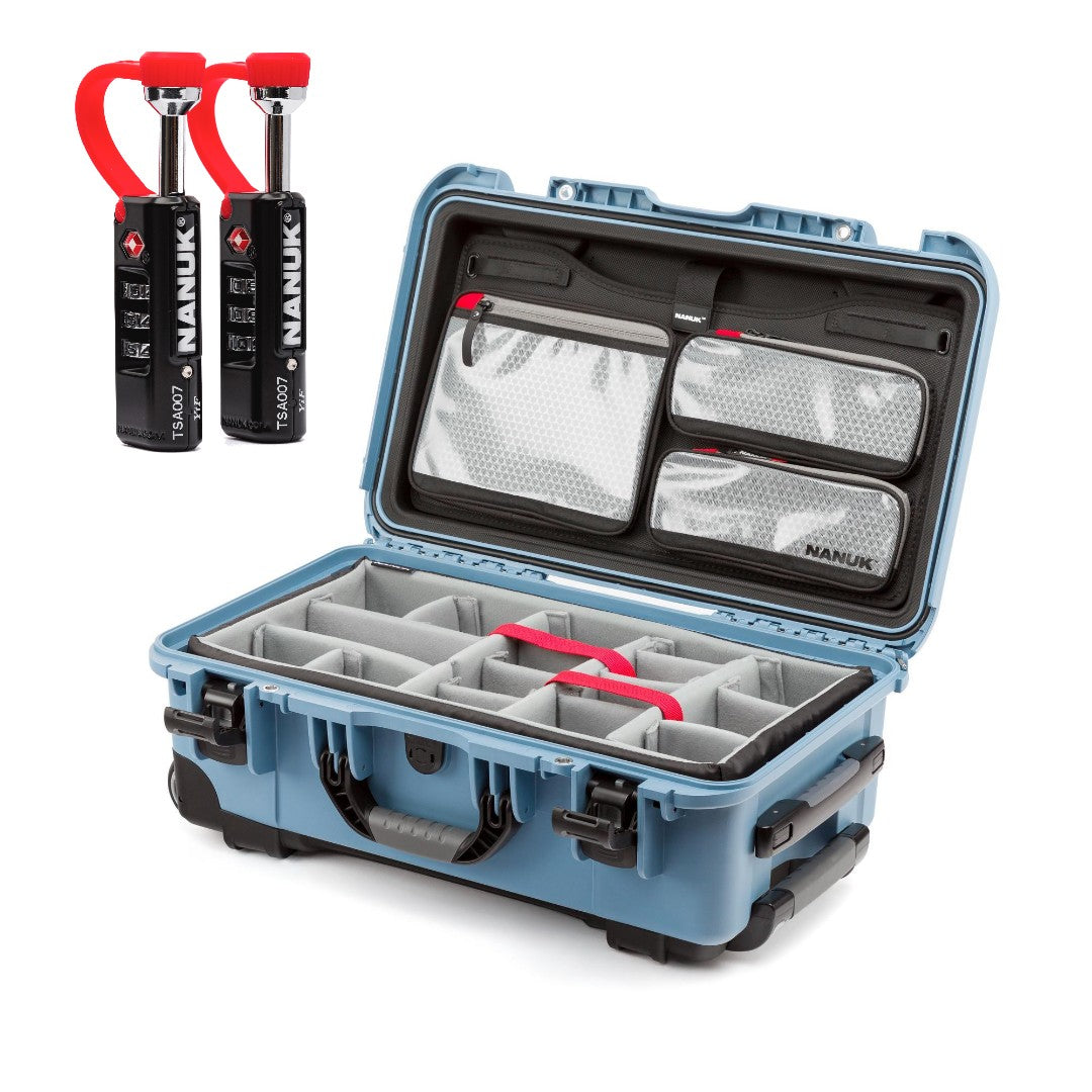 Blue protective case with compartments and Nanuk branding on a white background