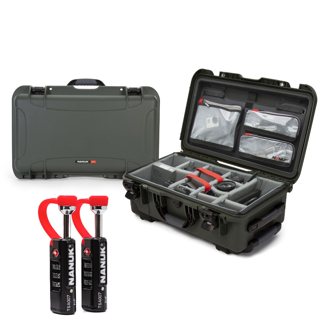 Nanuk hard case with interior organization panels and two black cylindrical devices with red handles.
