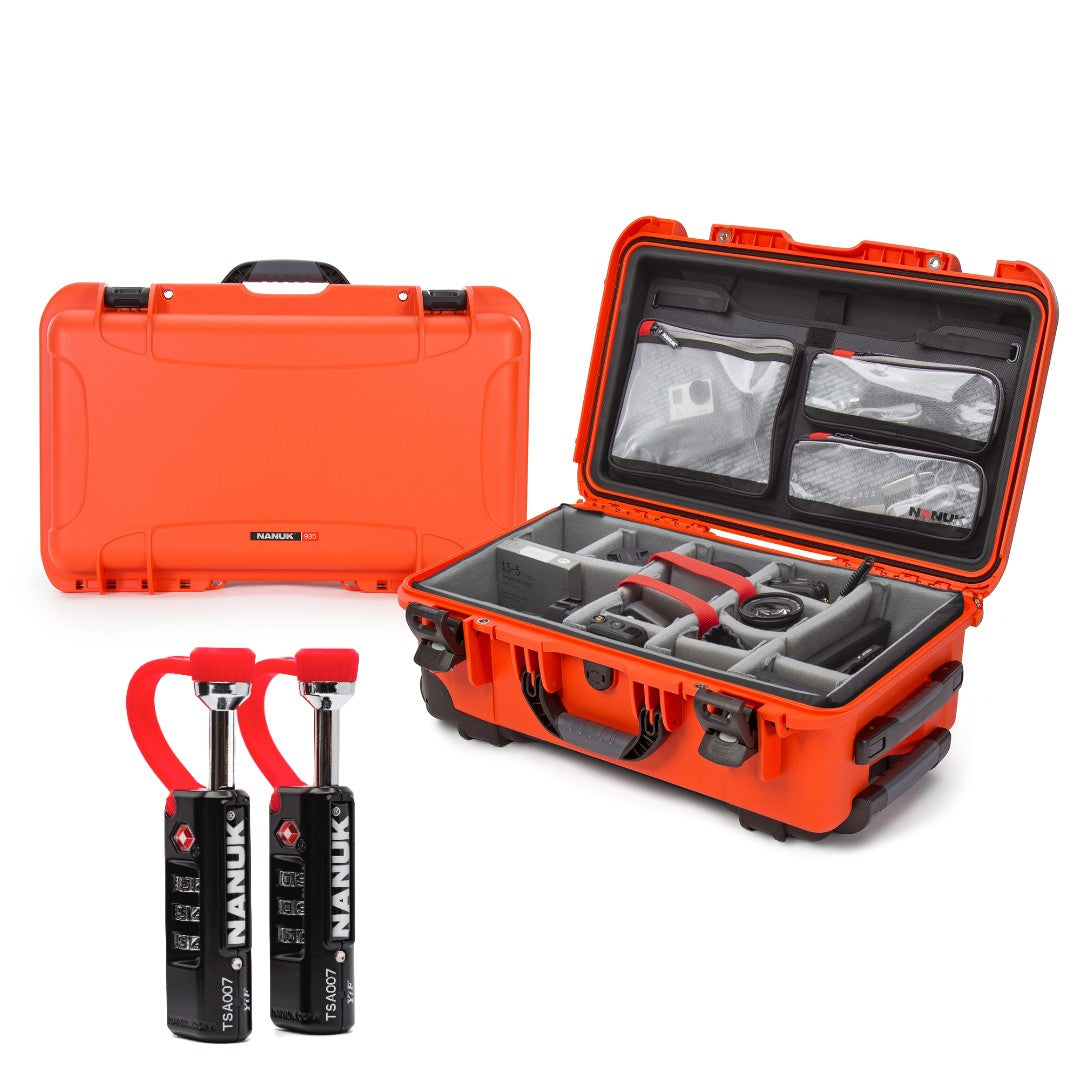 Orange protective case with interior organization and two black and red tools on a white background