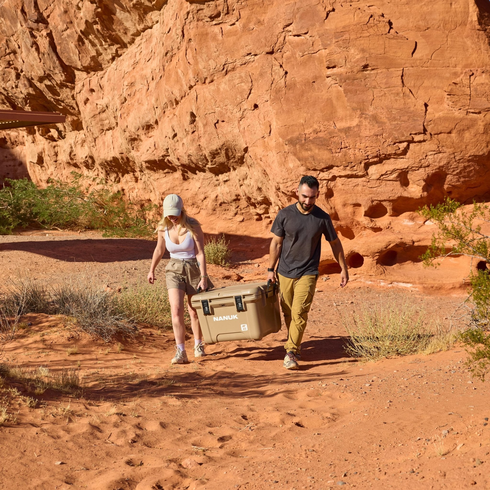 Two people walking on a dirt path with a cooler box in a desert landscape.