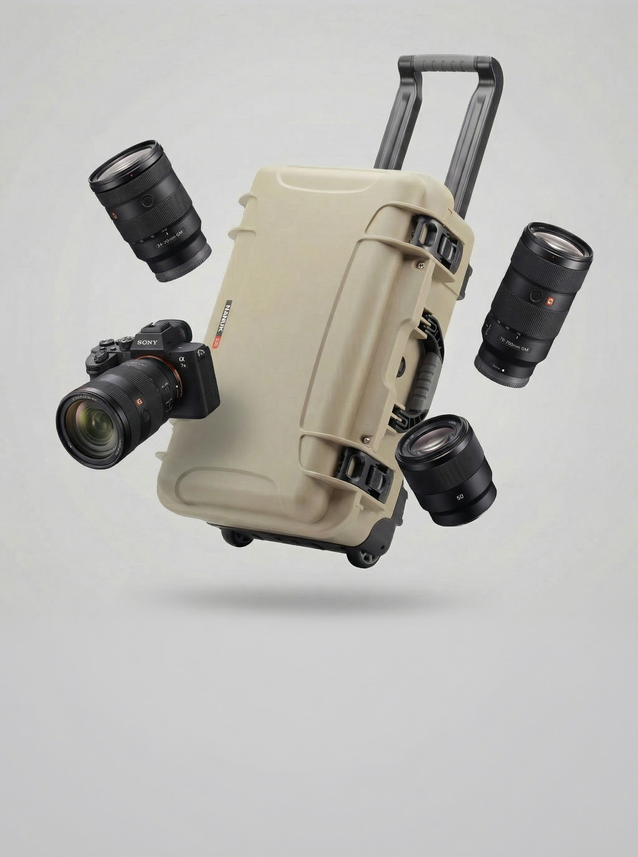 A tan Nanuk 935 best selling protection case, a rugged rolling hard case with its telescoping handle extended and wheels visible, floats against a light grey background.