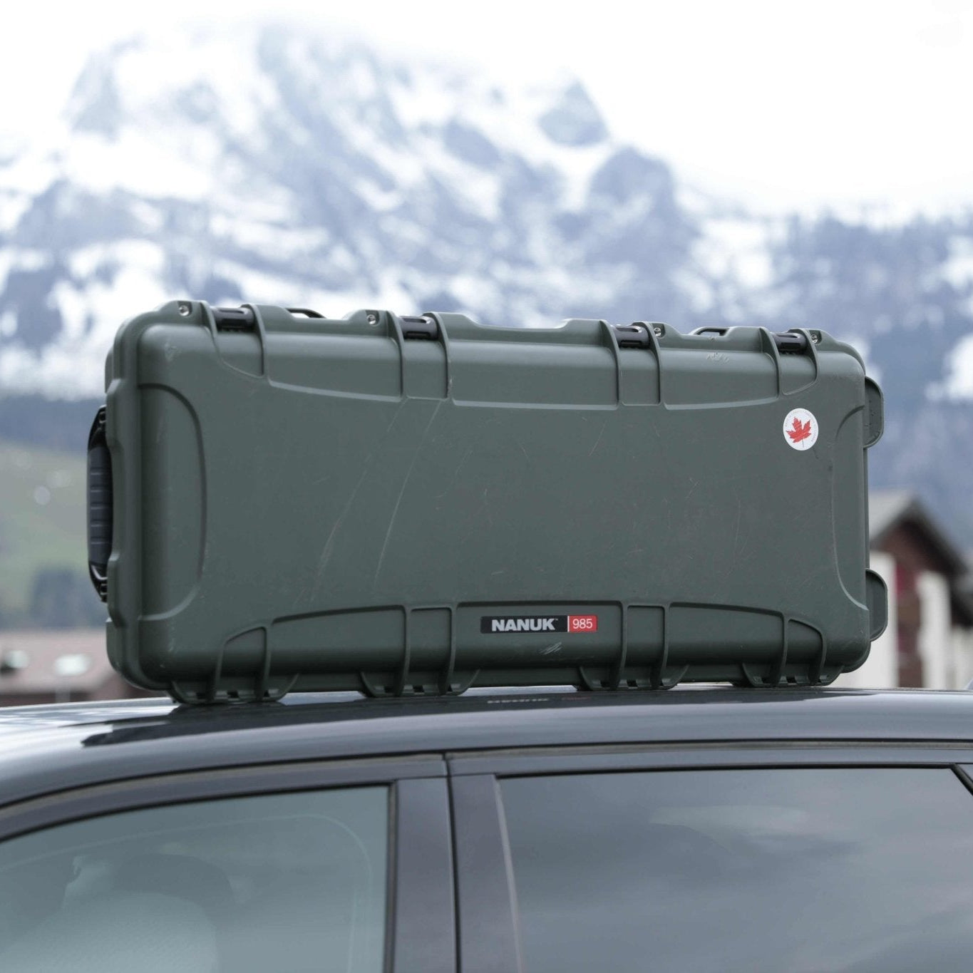 Green hard-shell case on a car roof with mountainous background