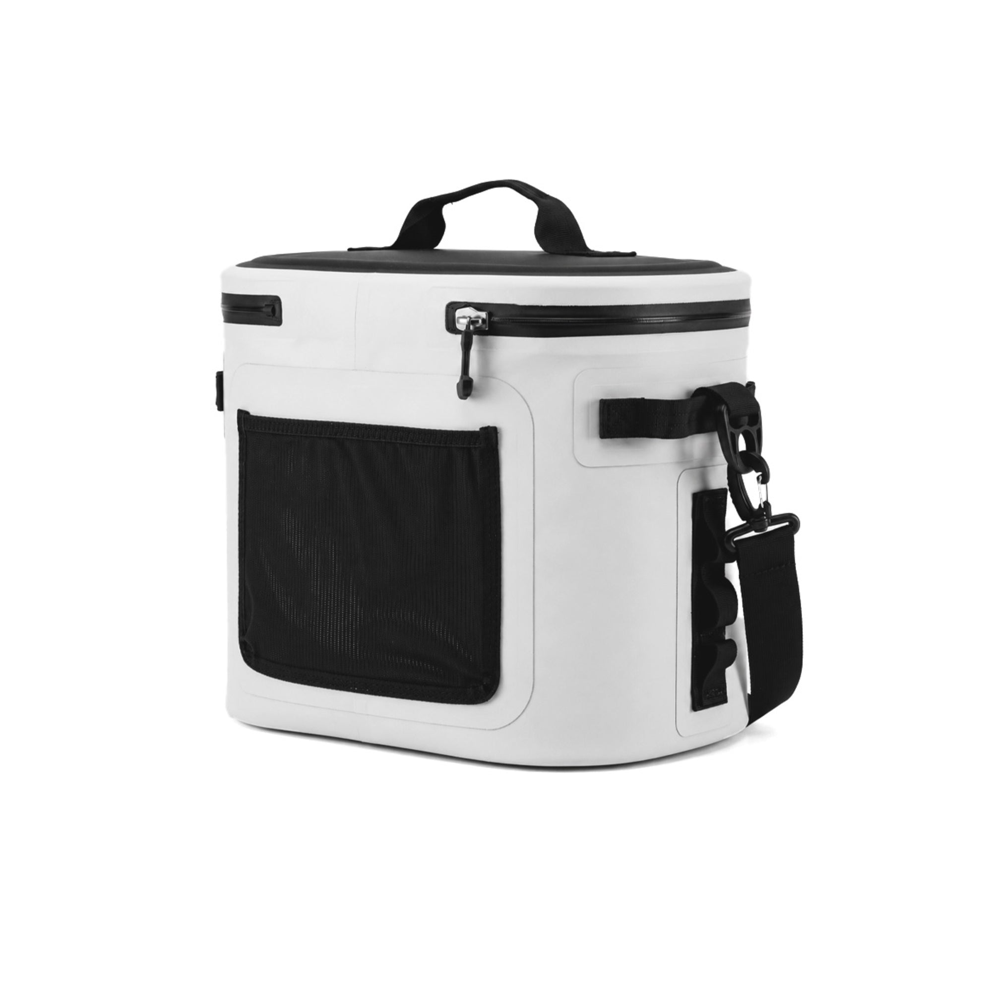 White cooler bag with black accents on a white background