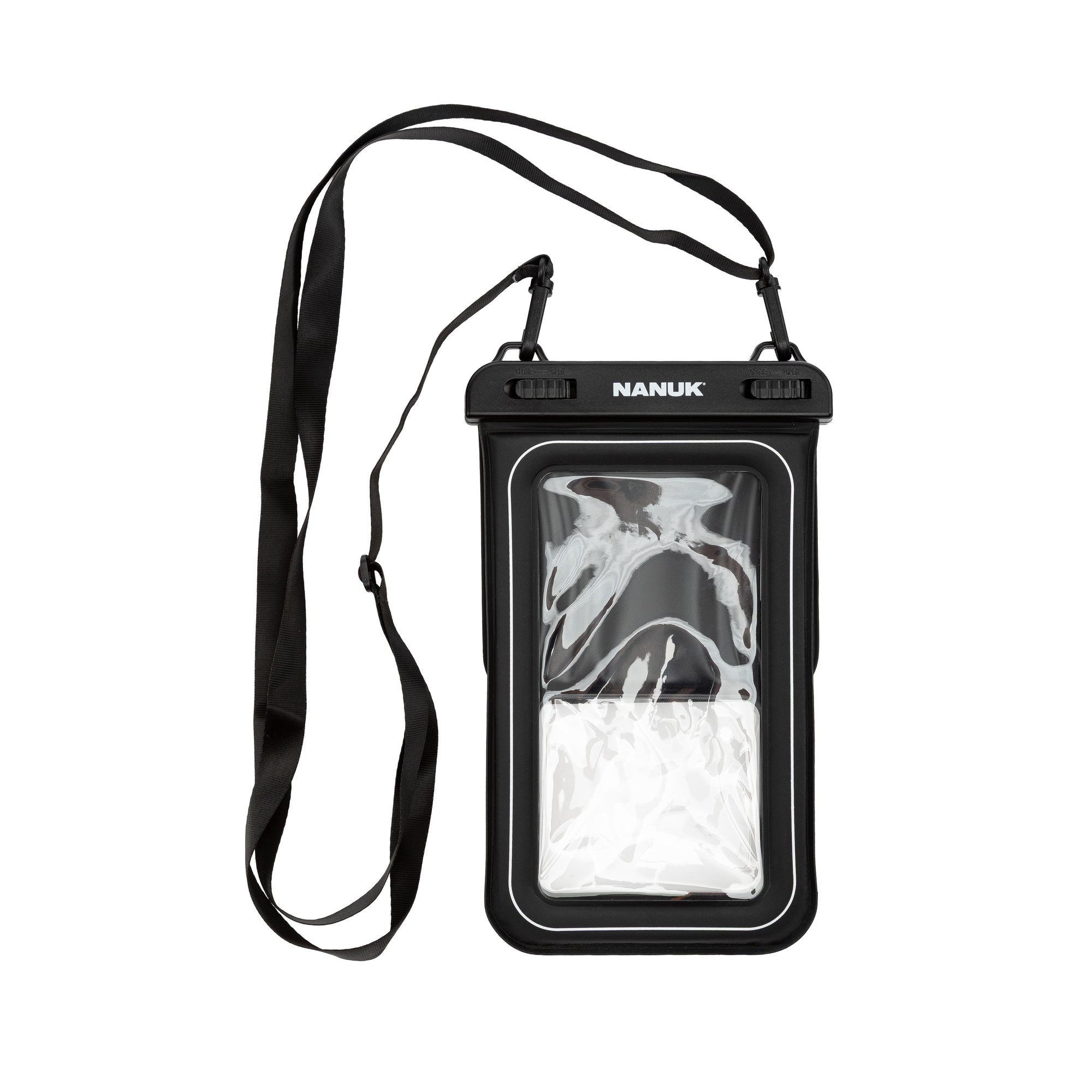 Nanuk waterproof phone case with clear back and black strap on a white background