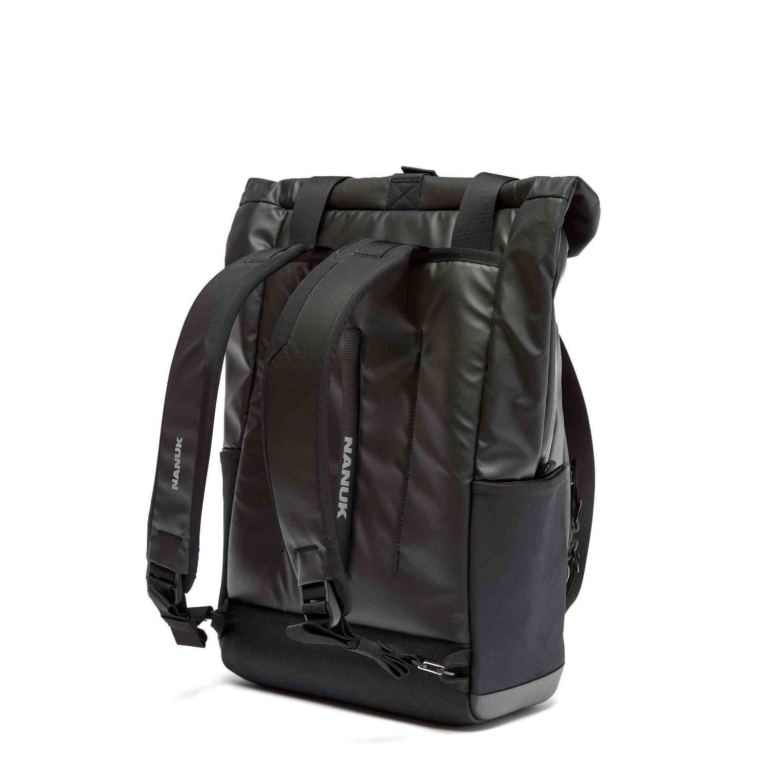 Black backpack with visible brand logo on a white background
