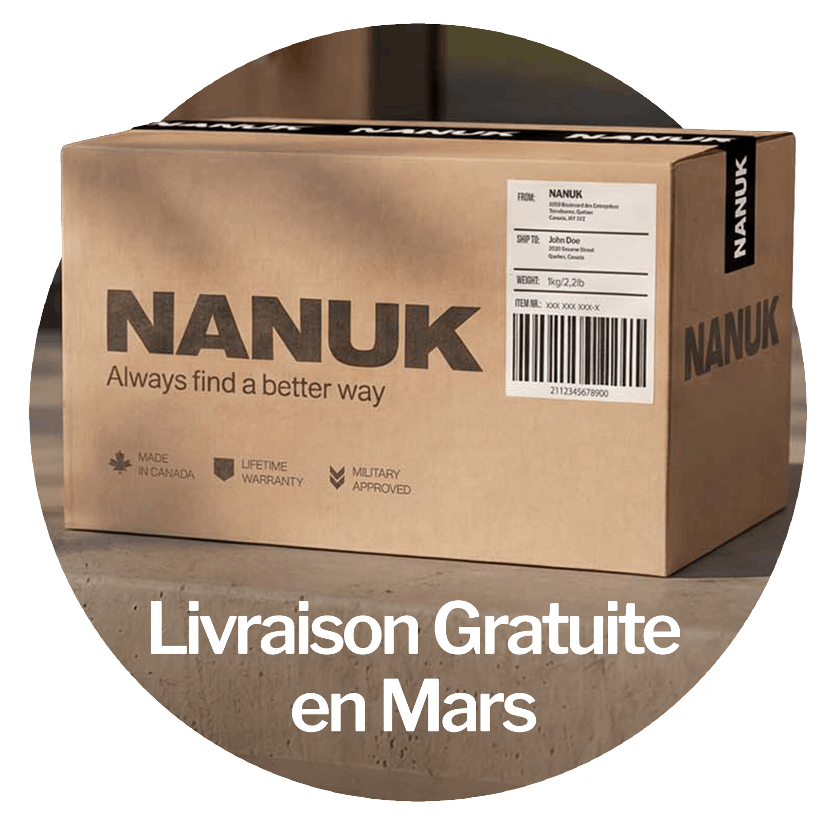 Nanuk cardboard box with a label on a wooden surface