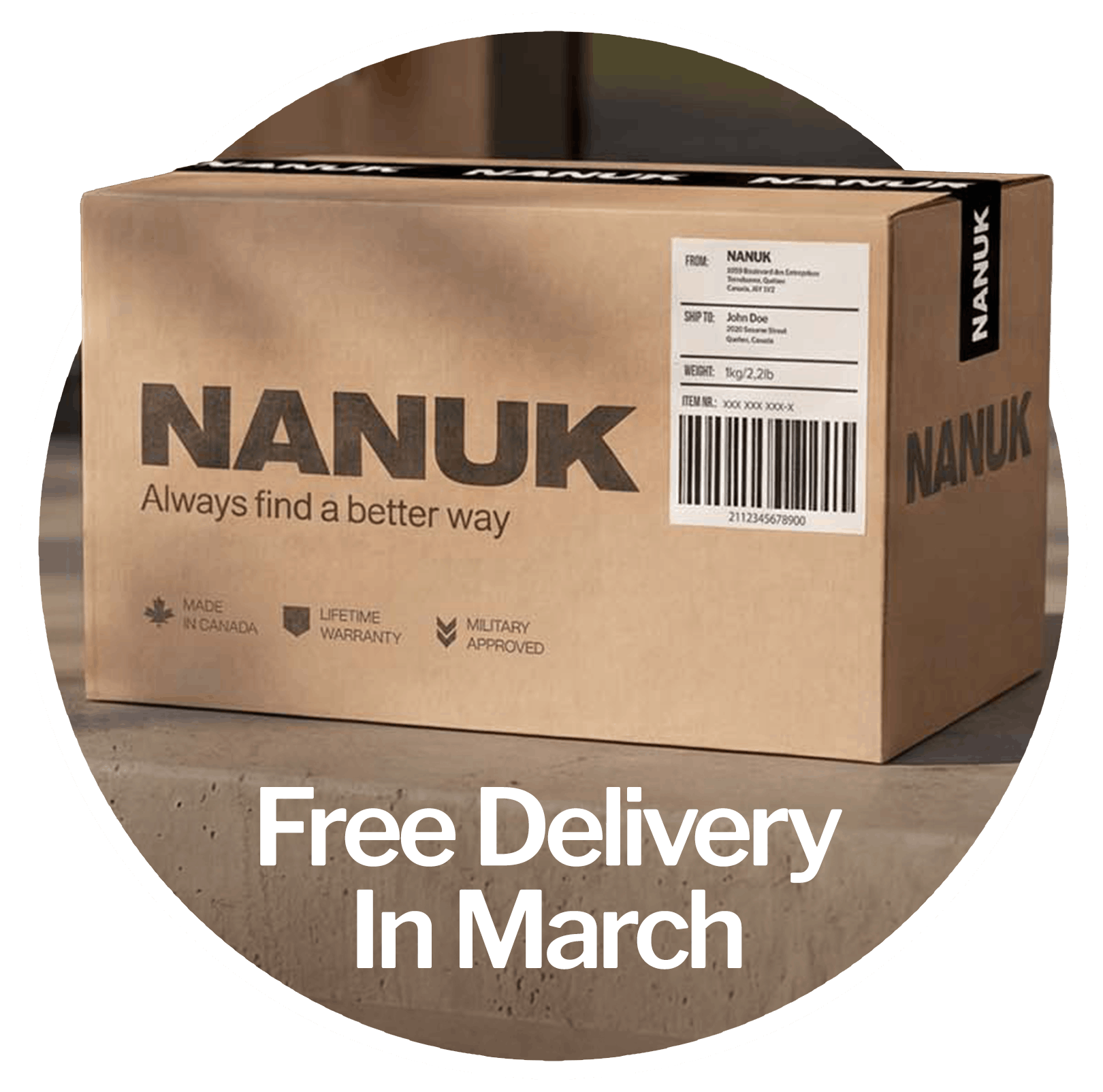 Nanuk cardboard box with promotional text for free delivery in March