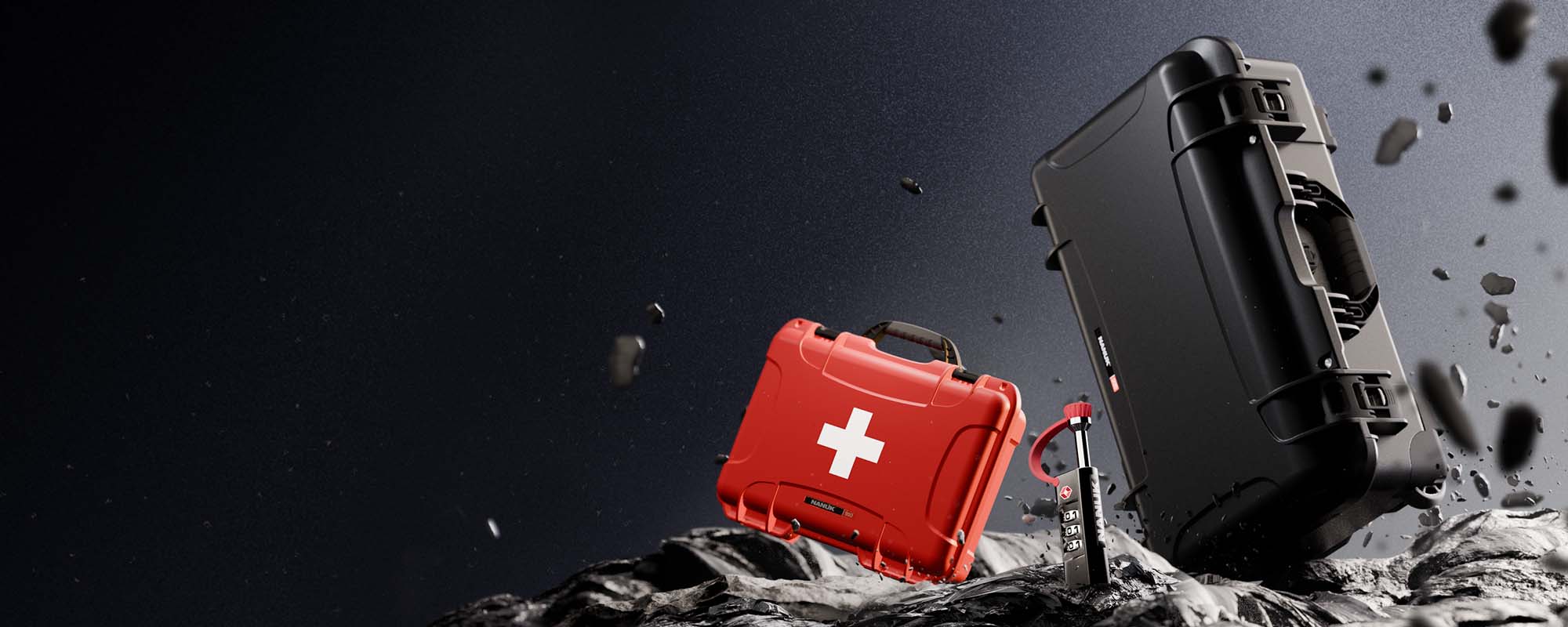 Stylized image showcasing NANUK protective cases on a rugged, rocky surface. A black NANUK case is tilted dramatically, emphasizing durability and toughness, while a vibrant red case with a white medical cross highlights versatility for emergency or first-aid uses. A sleek TSA-approved NANUK padlock stands upright in the foreground. The dark, atmospheric background with flying debris adds a sense of adventure and resilience, fitting for a Black Friday promotion.