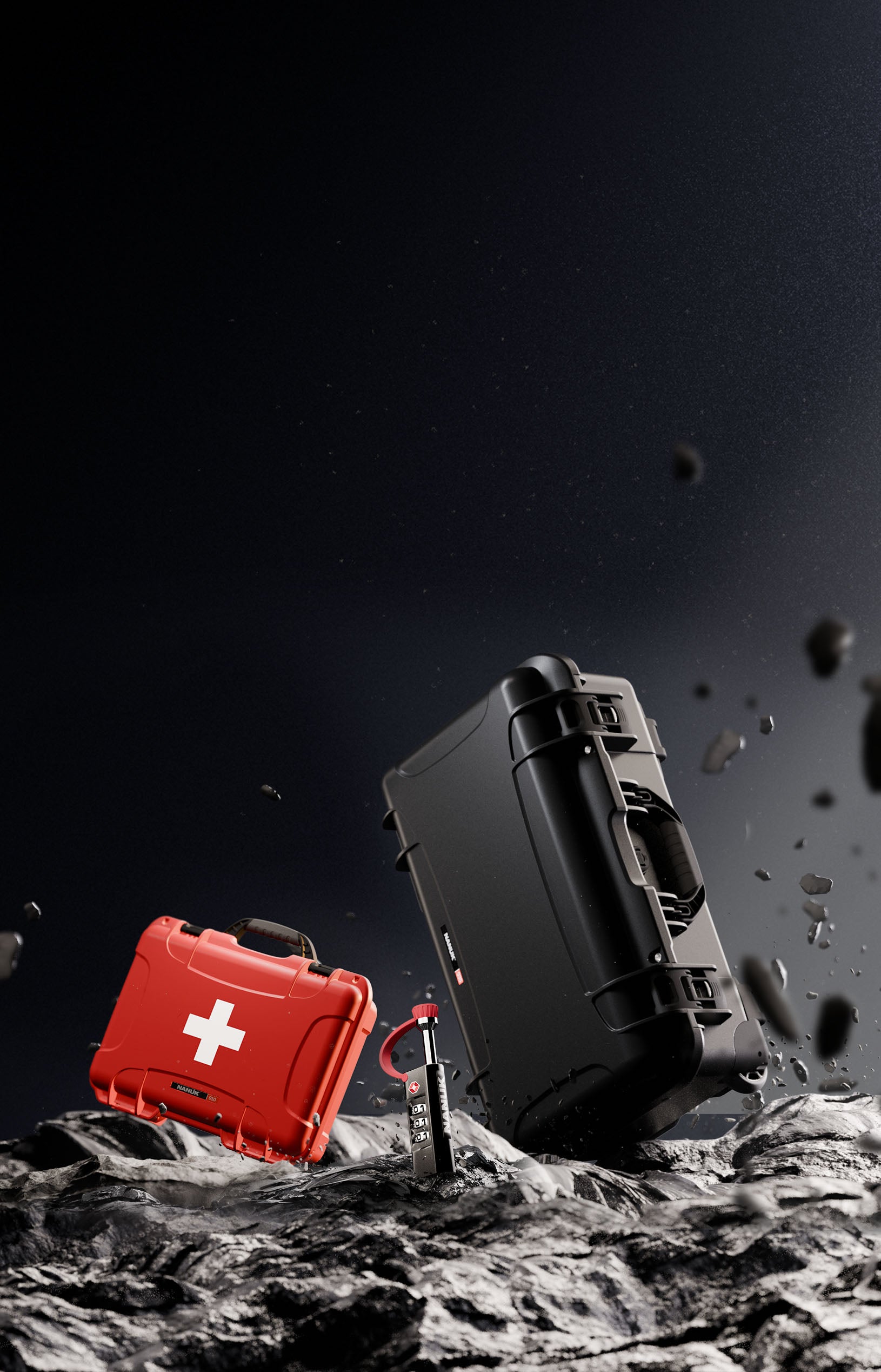 Stylized image showcasing NANUK protective cases on a rugged, rocky surface. A black NANUK case is tilted dramatically, emphasizing durability and toughness, while a vibrant red case with a white medical cross highlights versatility for emergency or first-aid uses. A sleek TSA-approved NANUK padlock stands upright in the foreground. The dark, atmospheric background with flying debris adds a sense of adventure and resilience, fitting for a Black Friday promotion.