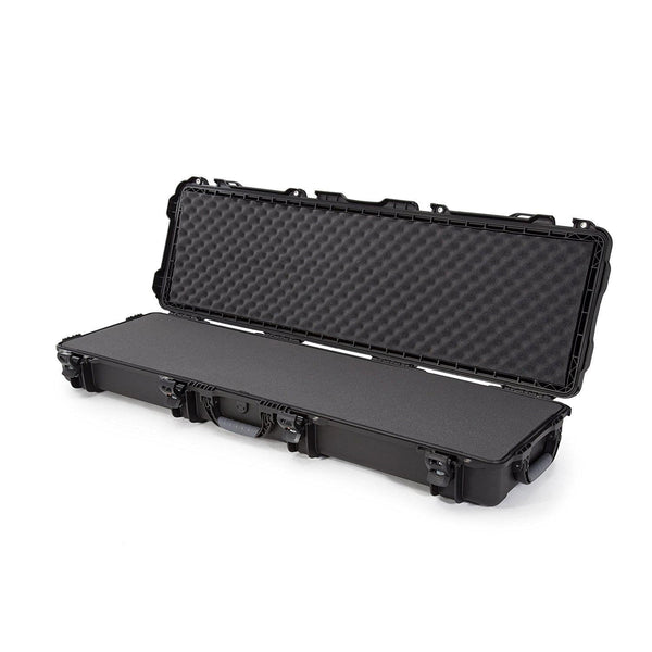 Black protective case with foam lining on a white background