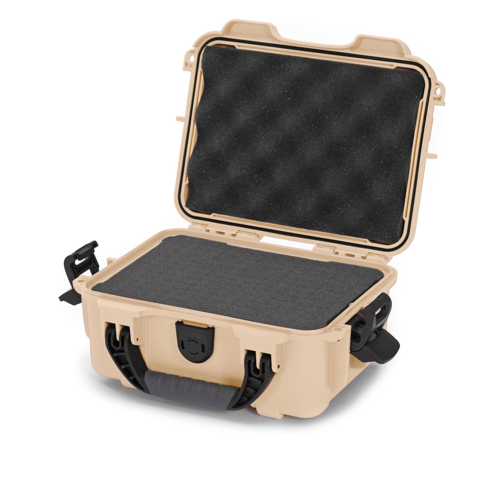 Beige hard-shell protective case with black interior on a white background