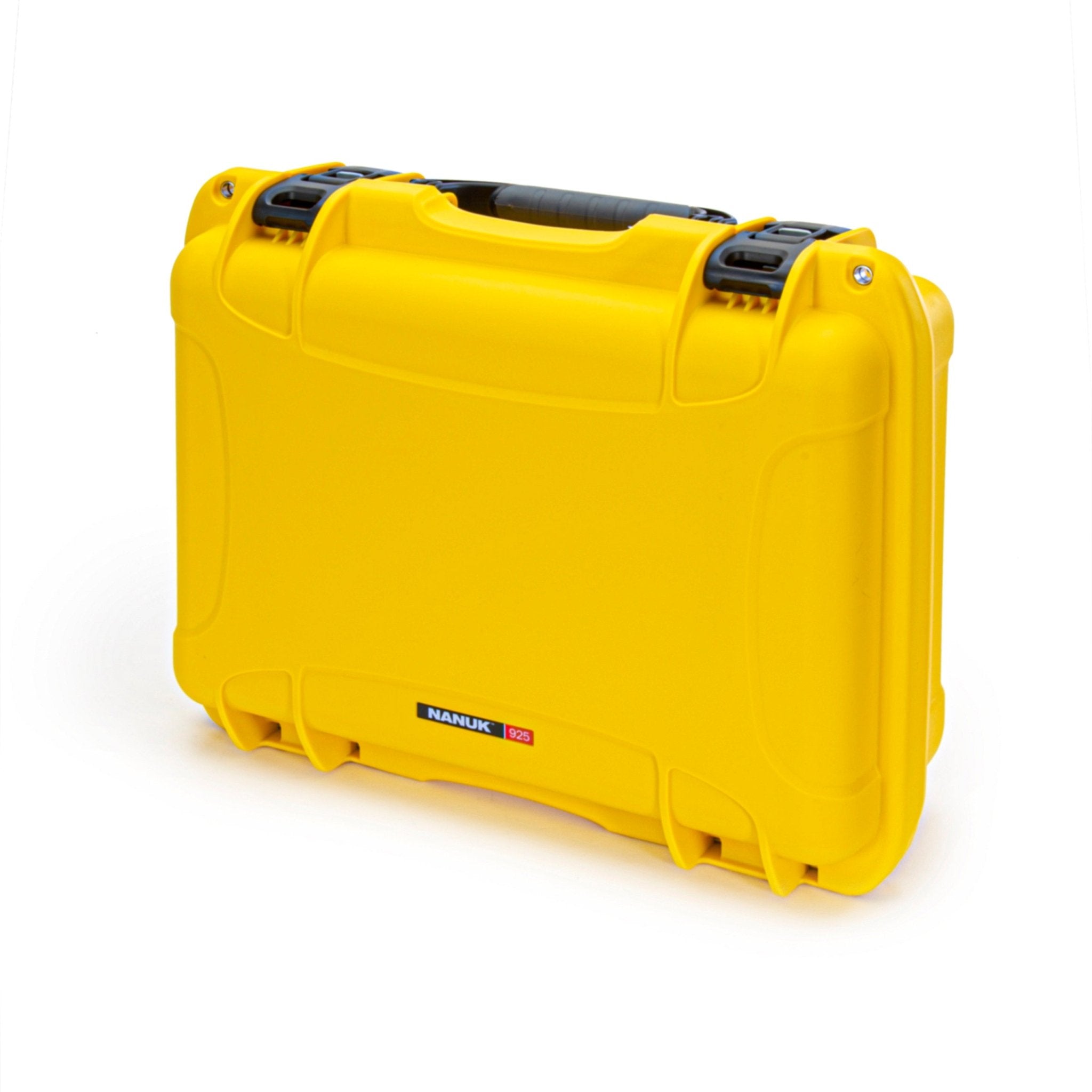Yellow hard-shell case with handle on a white background
