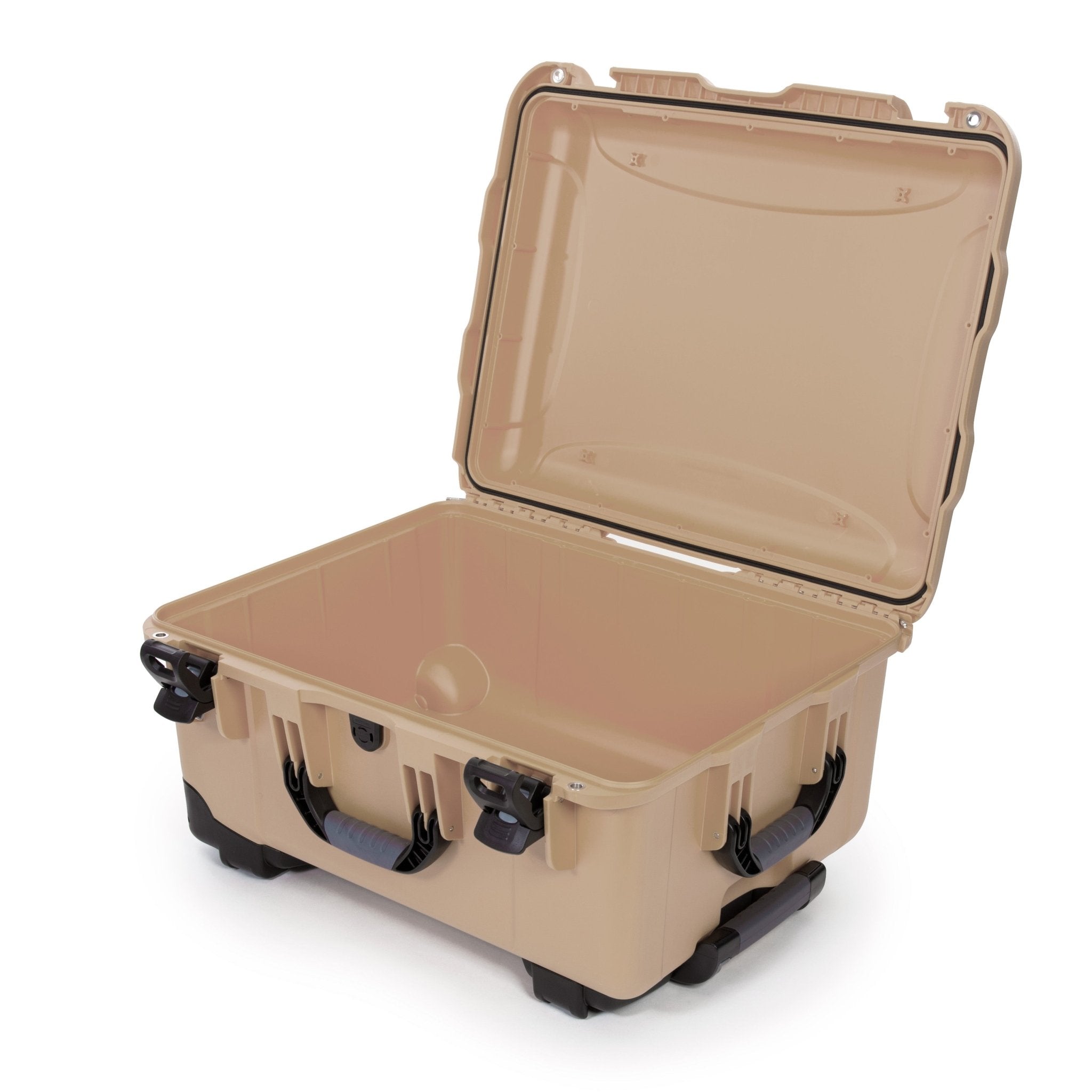 Tan suitcase with open lid on a white background