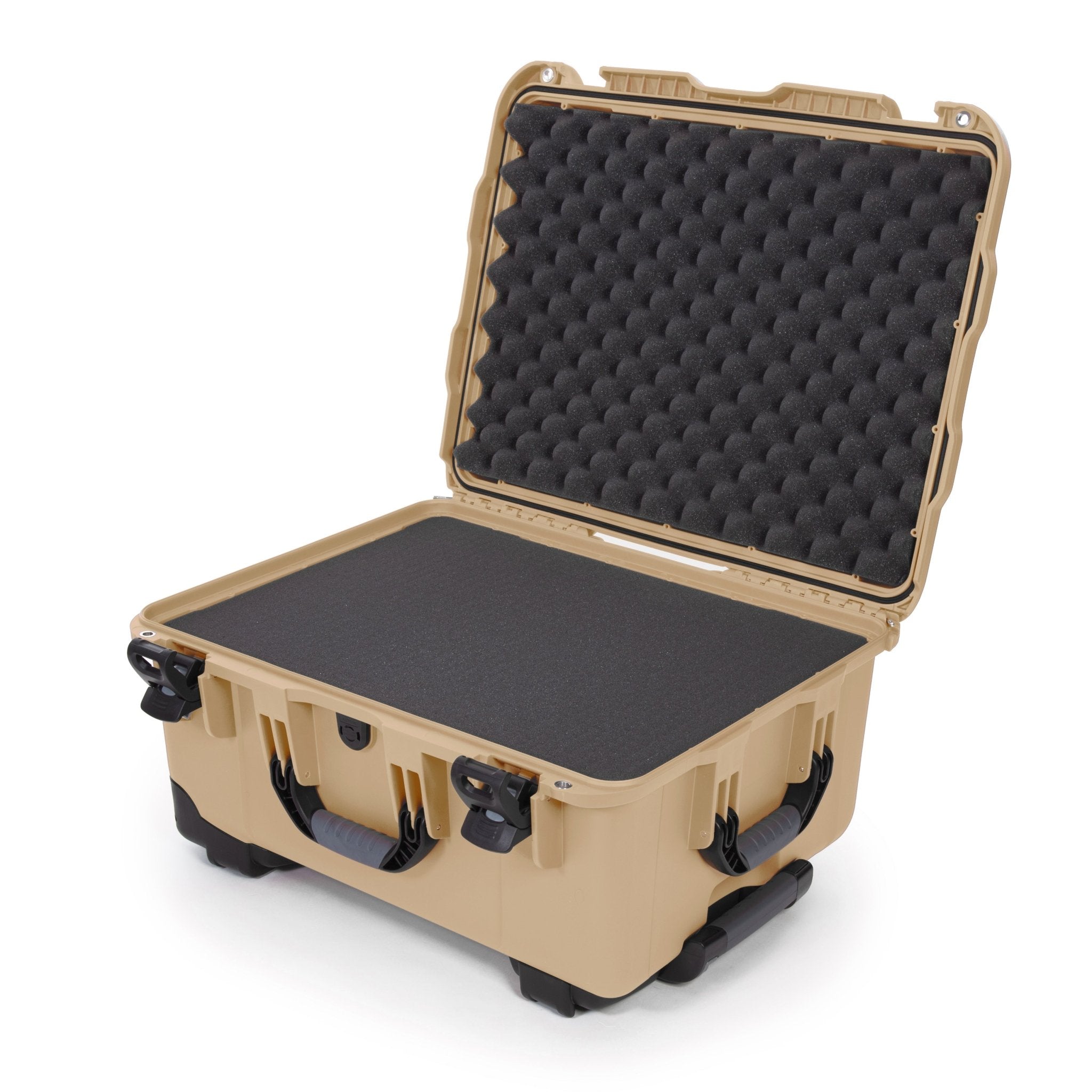 Tan hard-shell travel case with black interior on a white background