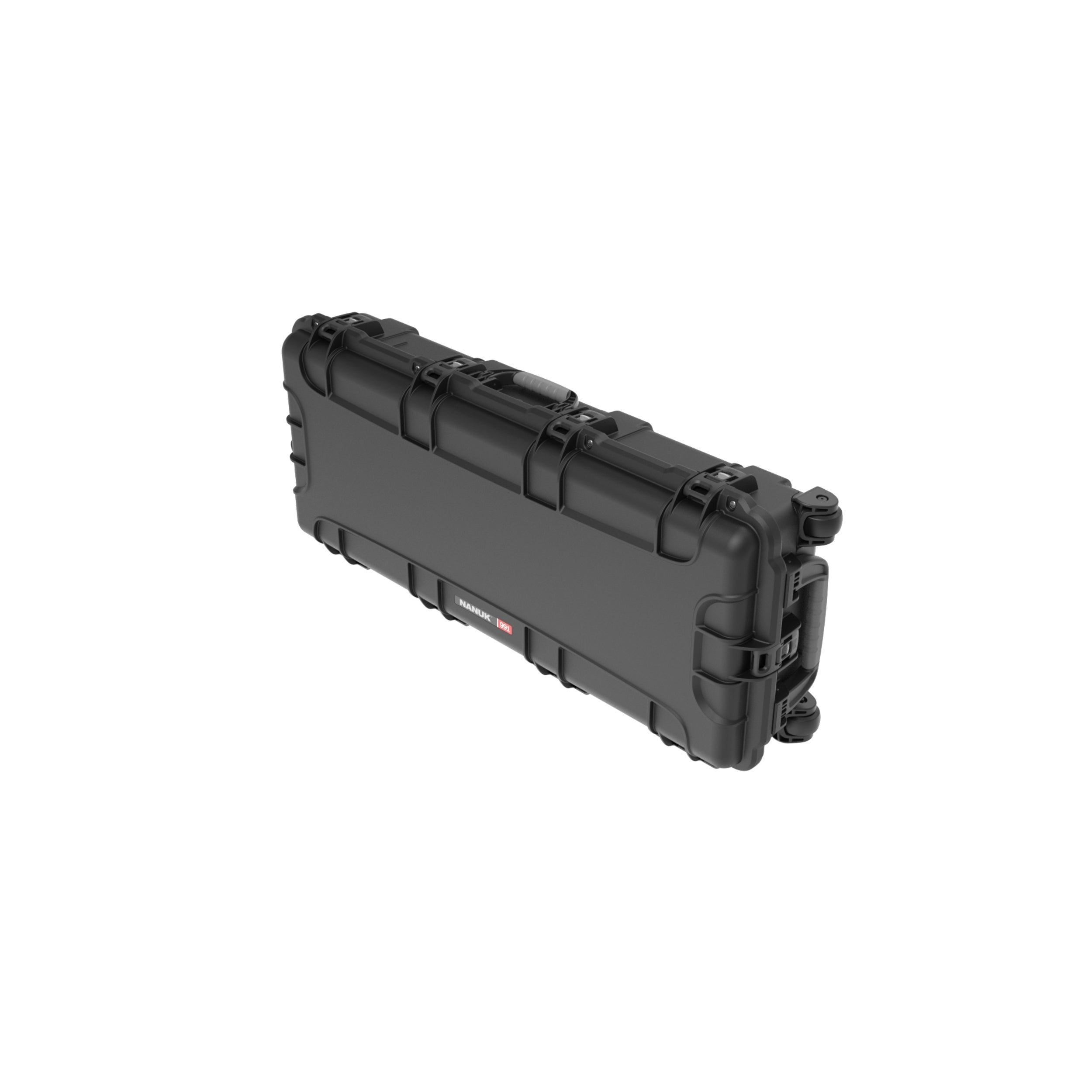 Black hard-shell travel case on a white background