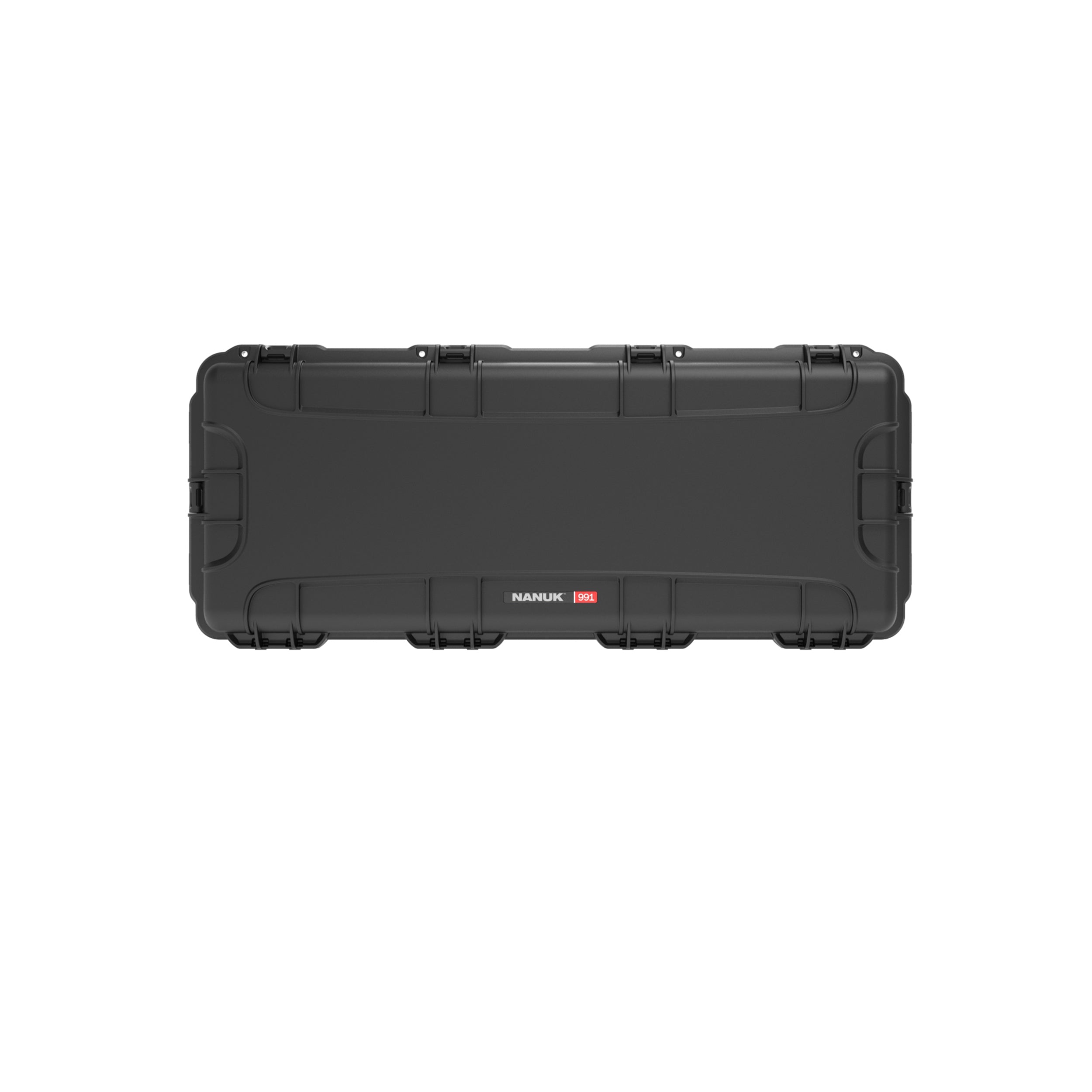 Black hard-shell protective case on a white background