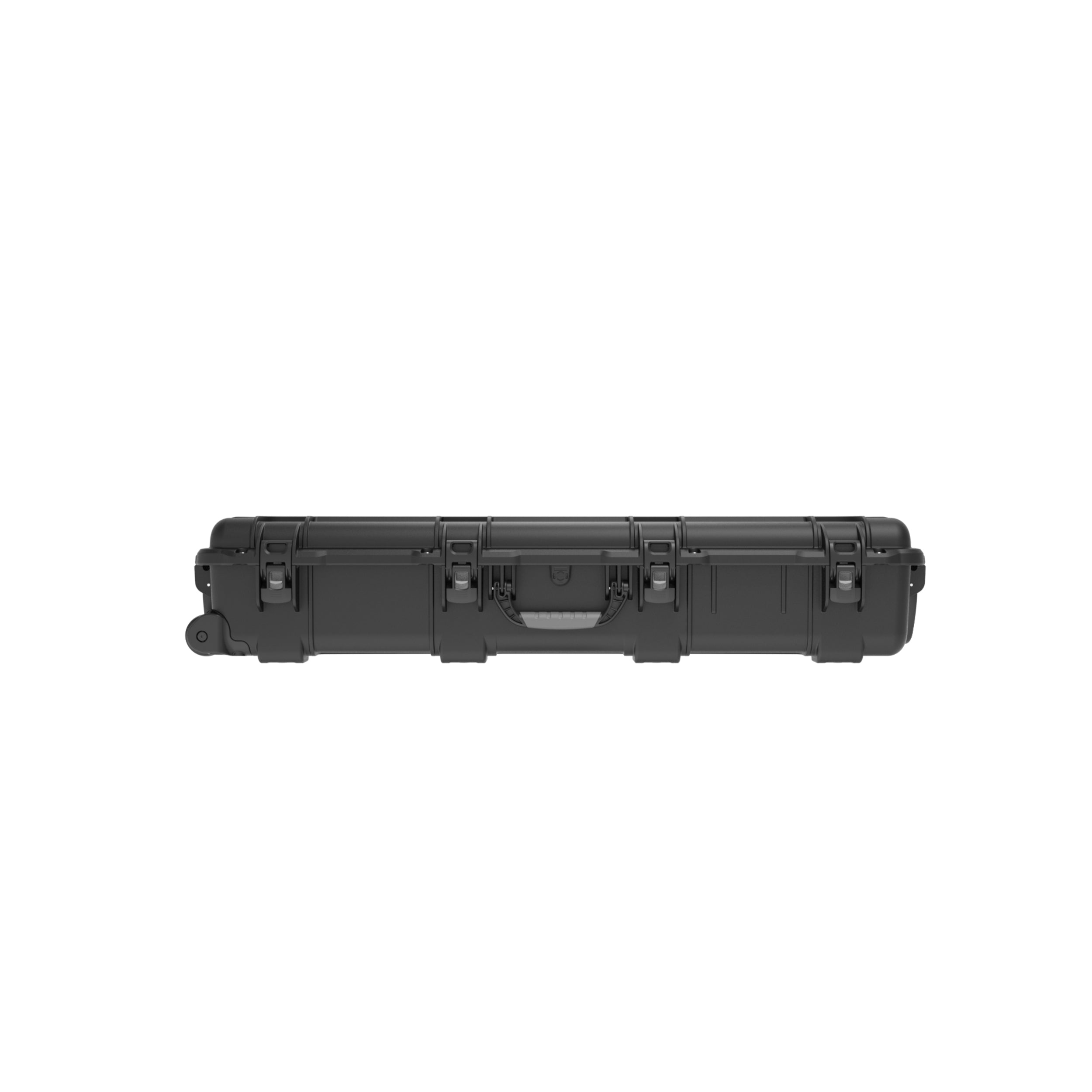 Black hard-shell travel case on a white background