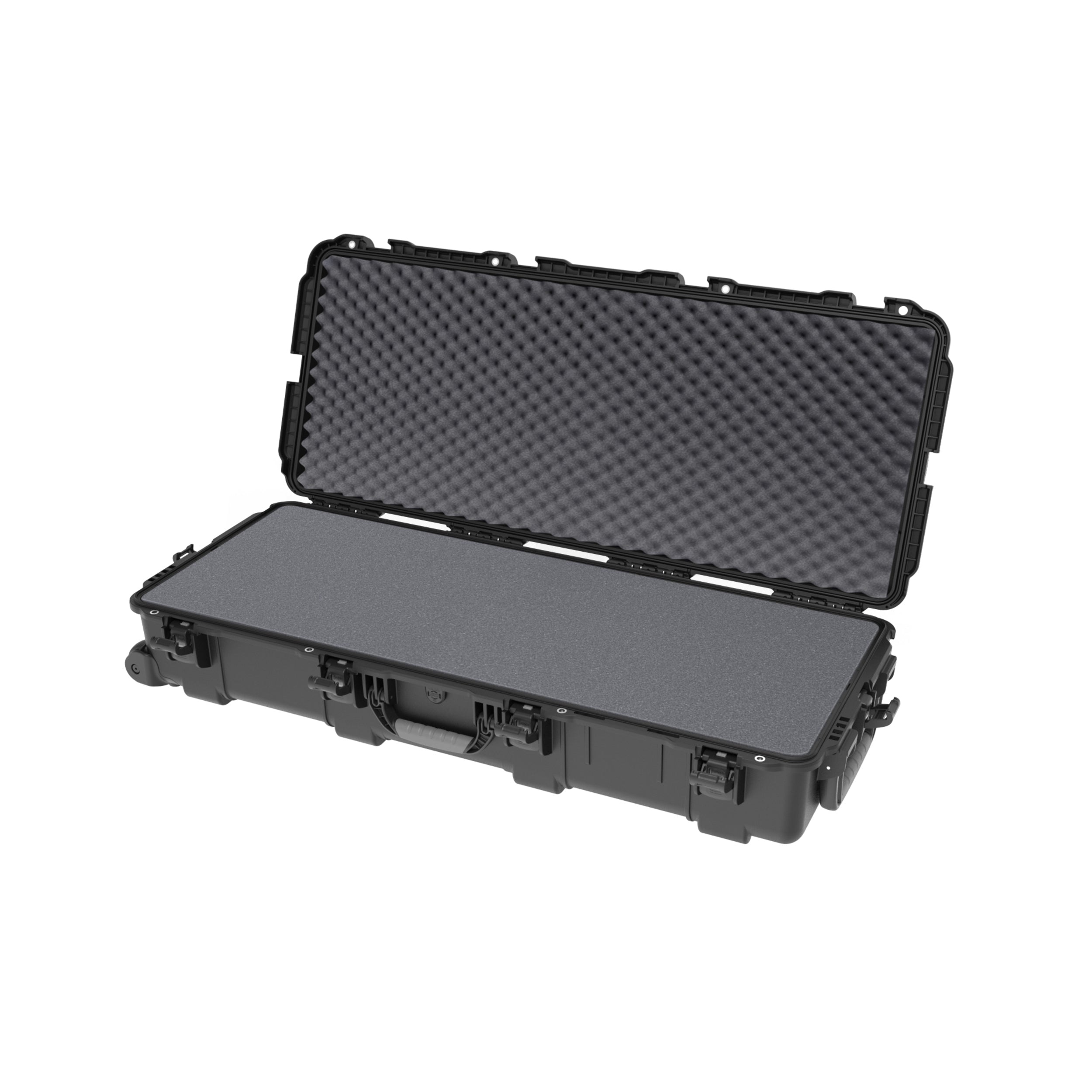 Black protective case with foam lining on a white background