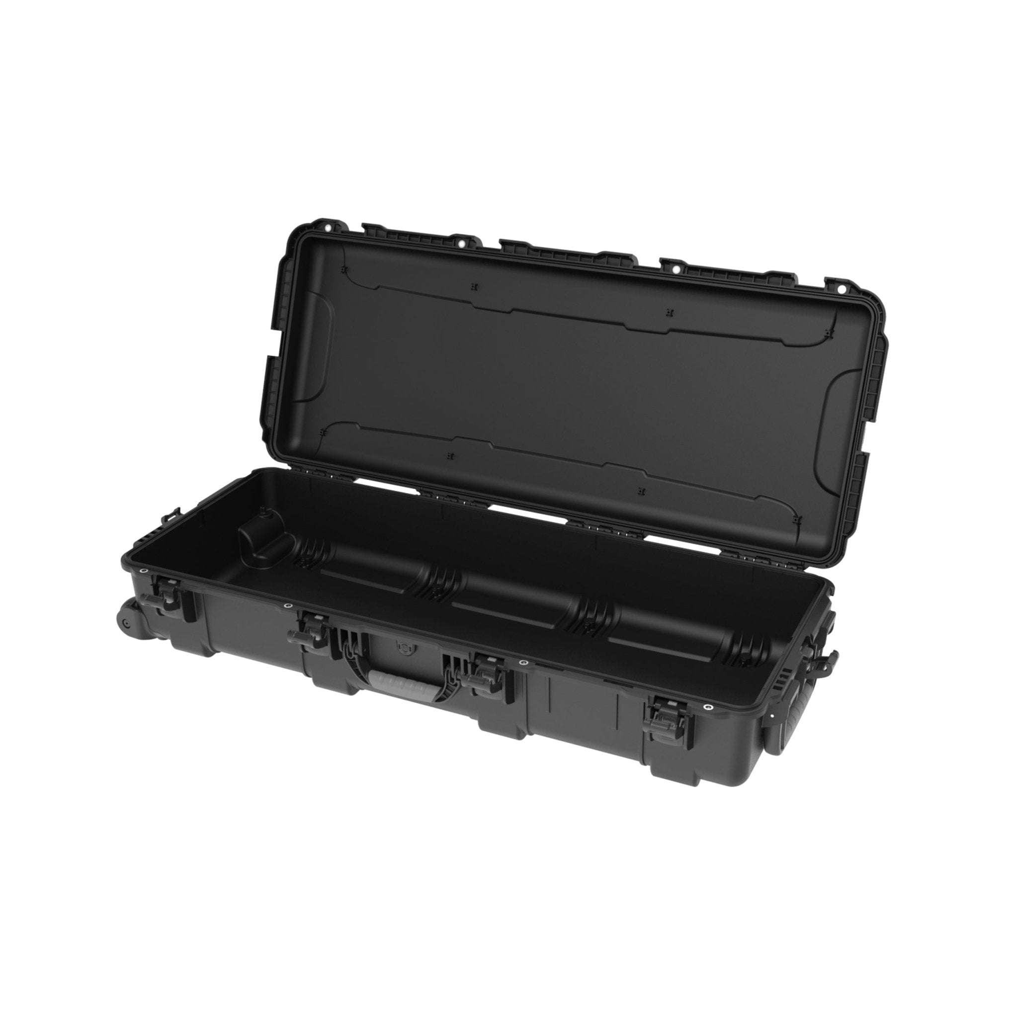 Black open protective case on a white background