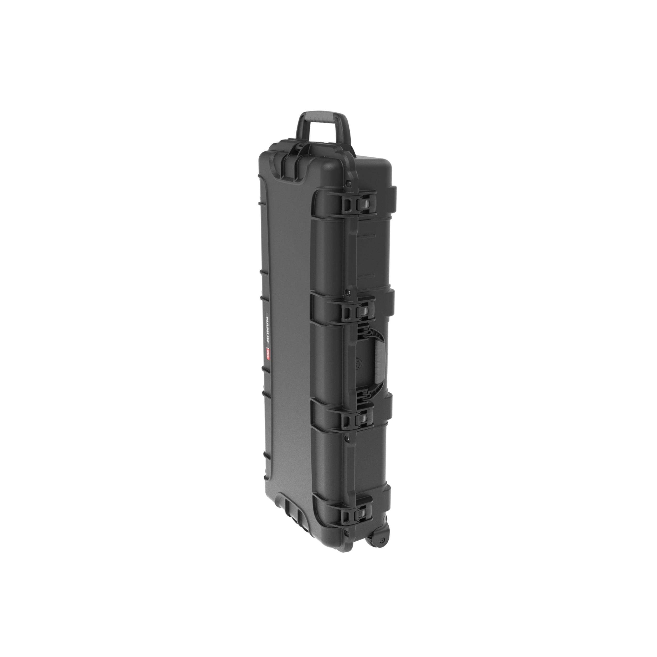 Black hard-shell travel case on a white background