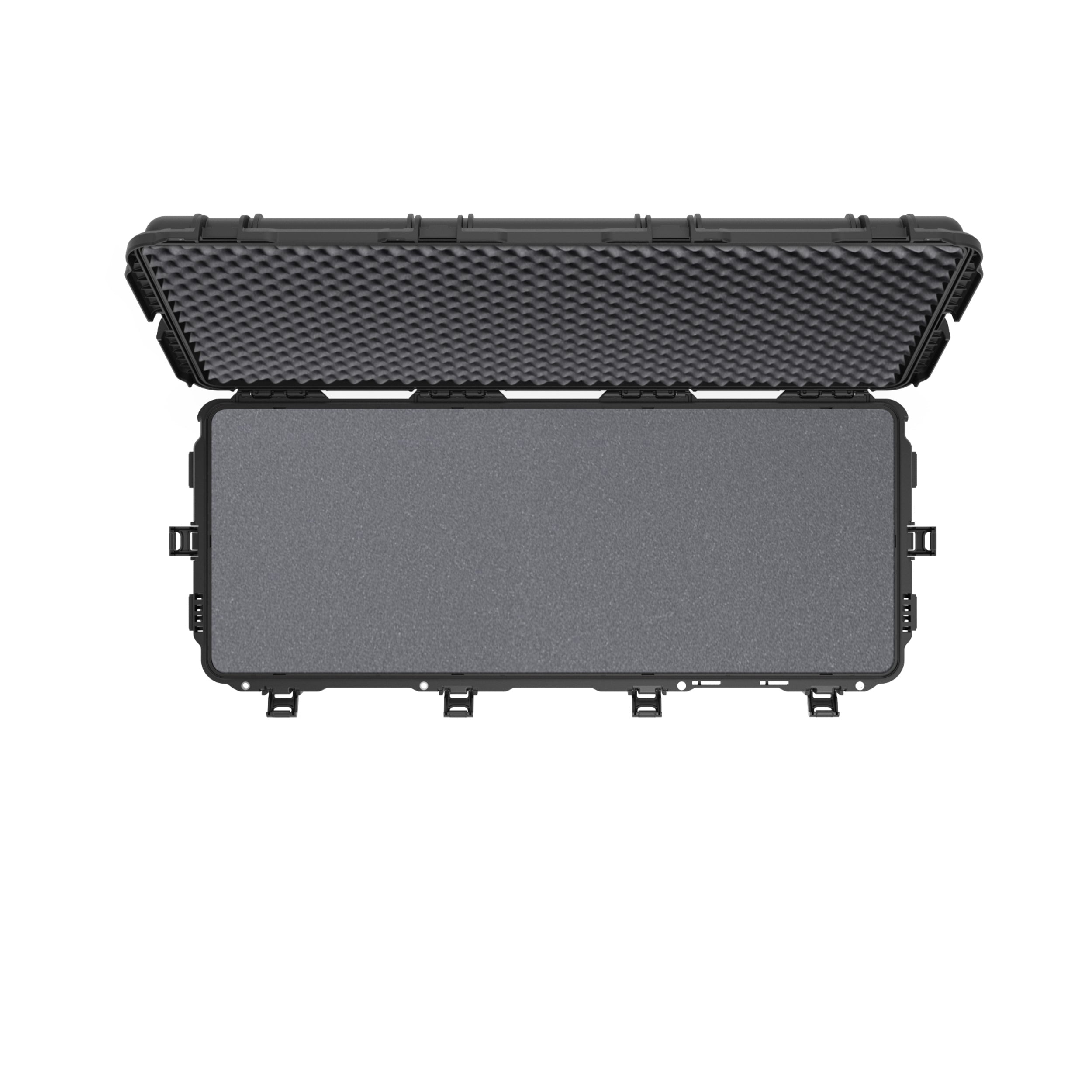 Black protective case with foam interior on a white background