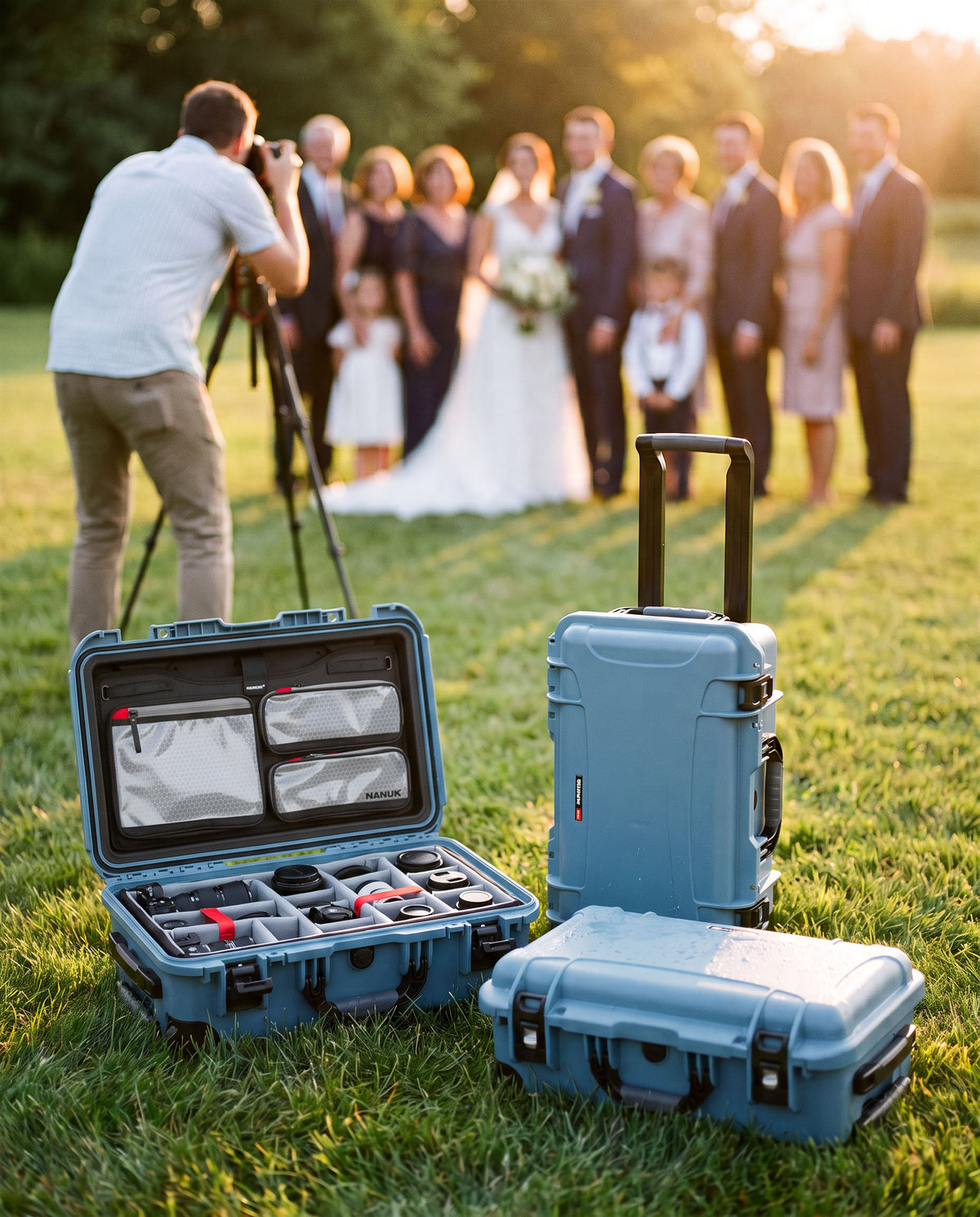 Three light blue hard protective cases, including one open case with foam interior and two closed cases with handles, arranged on a grassy field. In the blurred background, a bride, groom, and wedding party stand outdoors at sunset while a photographer stands in the foreground.