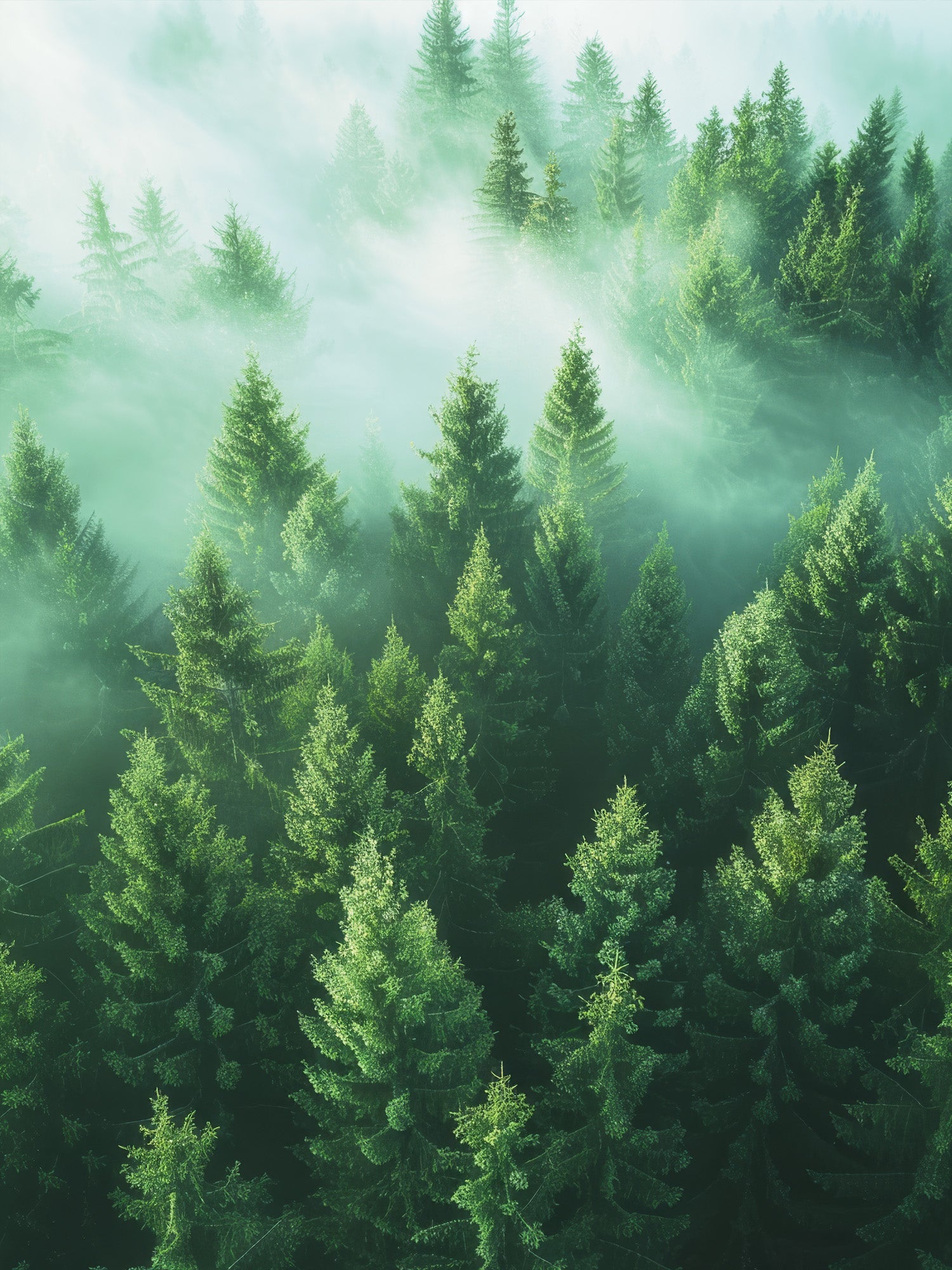 Dense evergreen forest in mist highlighting NANUK's sustainability efforts.