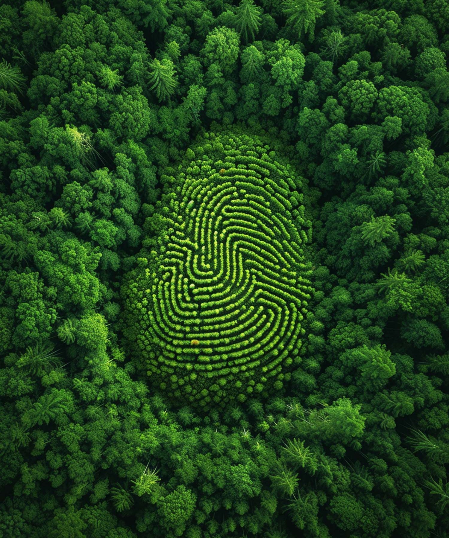 Aerial view of a green forest with a fingerprint-shaped clearing, symbolizing NANUK's unique approach to sustainability.