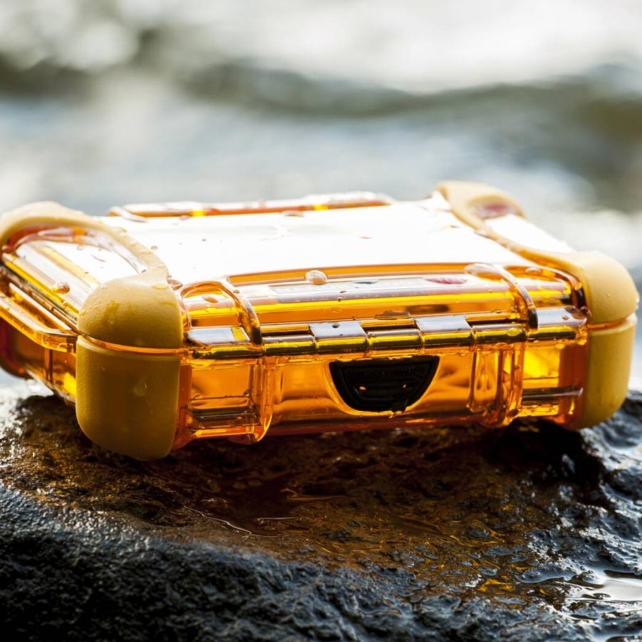 Nano case outside on a rock in the rain